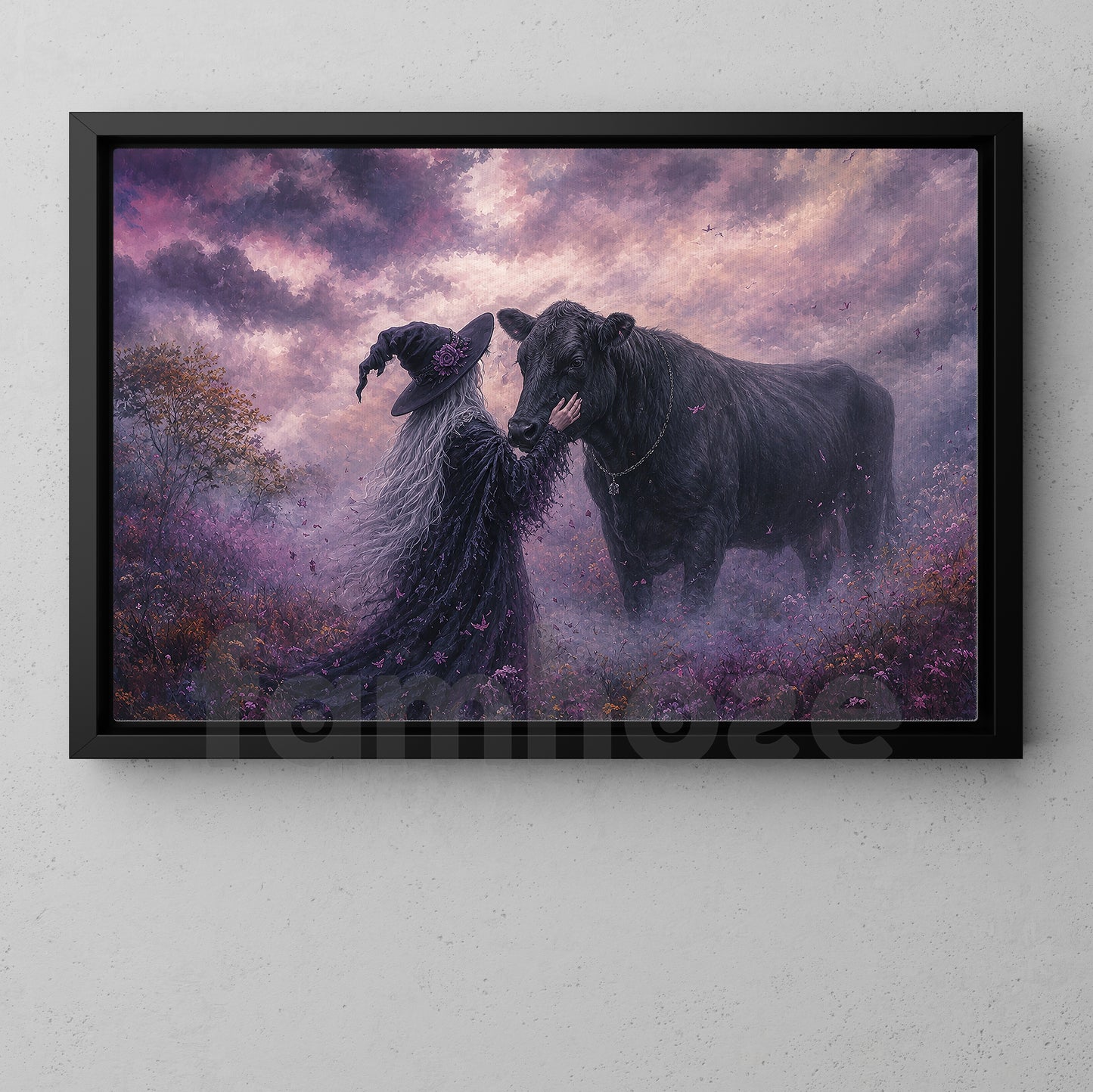 Halloween Witch Black Angus Cow Canvas Painting, The Witch Who Whispers To Cow Wall Art Decor, Spooky Season Poster Gift For Cow Lover