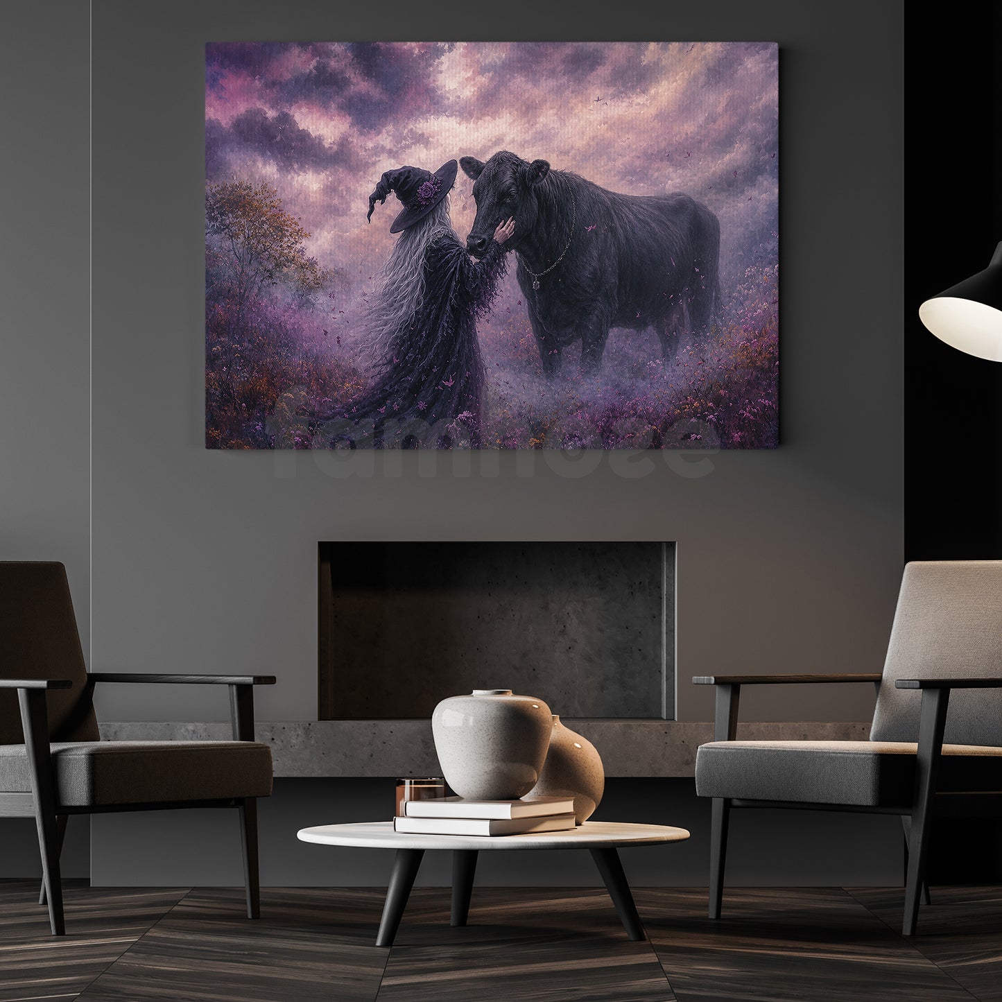 Halloween Witch Black Angus Cow Canvas Painting, The Witch Who Whispers To Cow Wall Art Decor, Spooky Season Poster Gift For Cow Lover