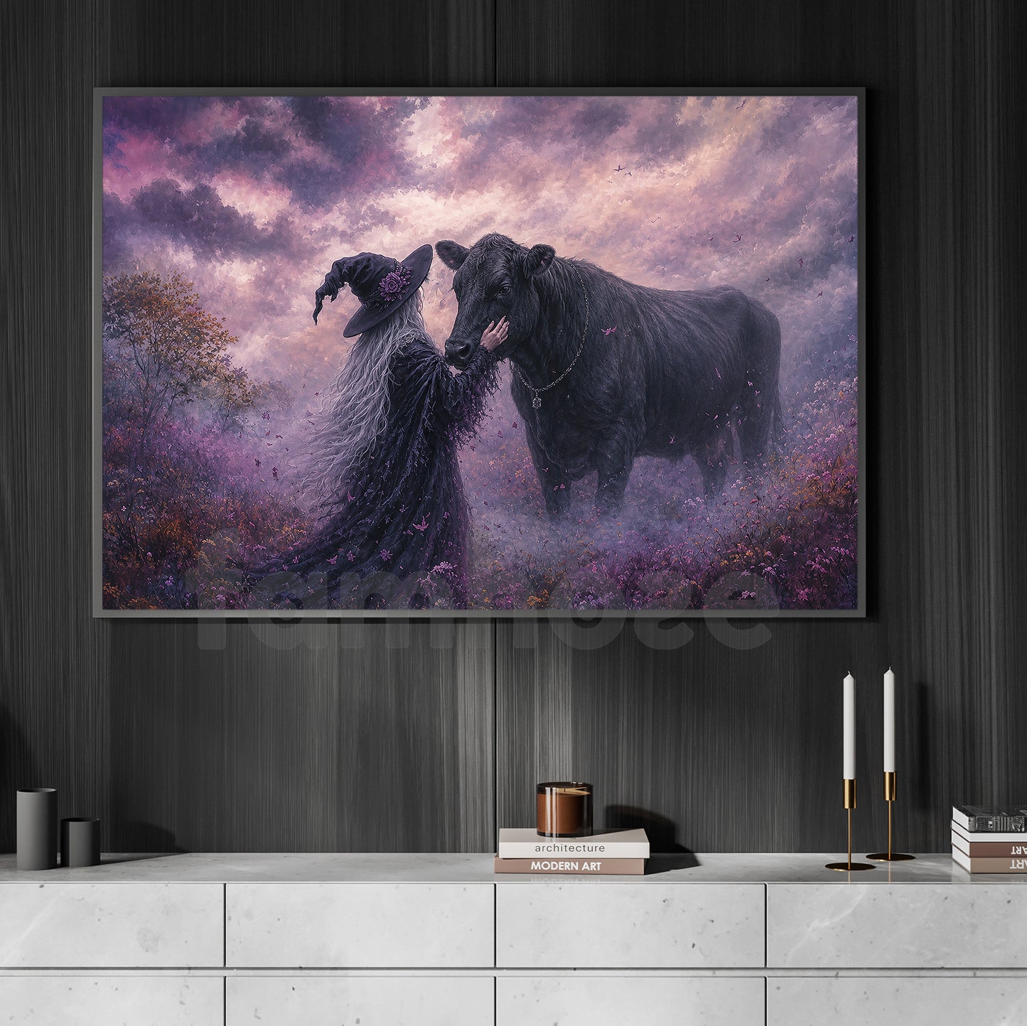 Halloween Witch Black Angus Cow Canvas Painting, The Witch Who Whispers To Cow Wall Art Decor, Spooky Season Poster Gift For Cow Lover
