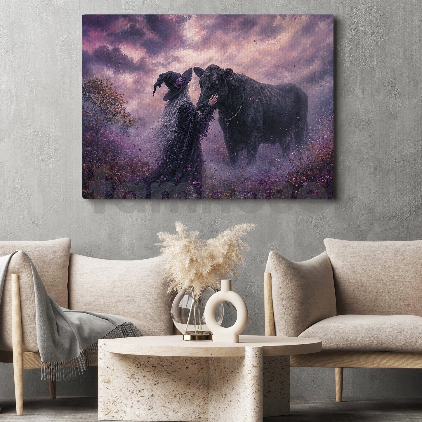 Halloween Witch Black Angus Cow Canvas Painting, The Witch Who Whispers To Cow Wall Art Decor, Spooky Season Poster Gift For Cow Lover