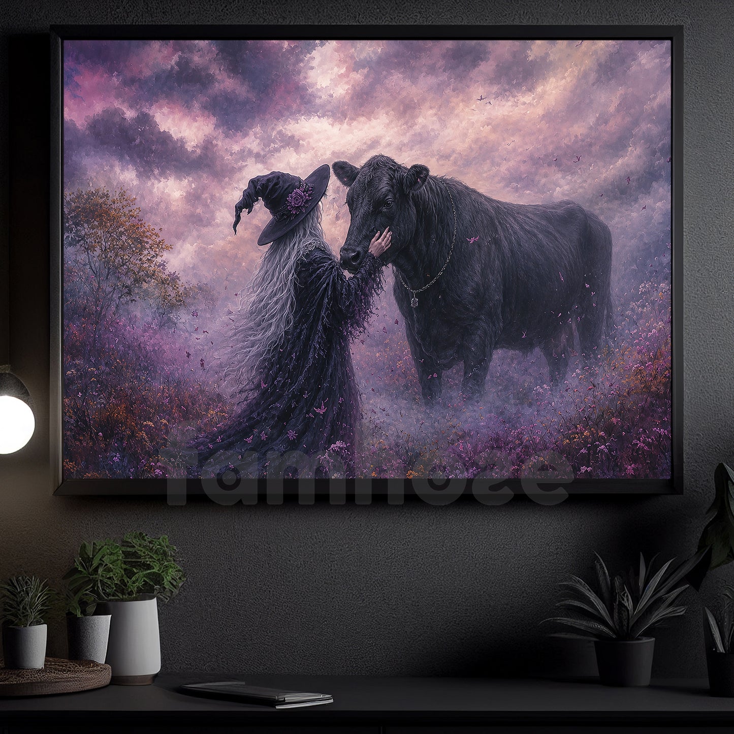 Halloween Witch Black Angus Cow Canvas Painting, The Witch Who Whispers To Cow Wall Art Decor, Spooky Season Poster Gift For Cow Lover