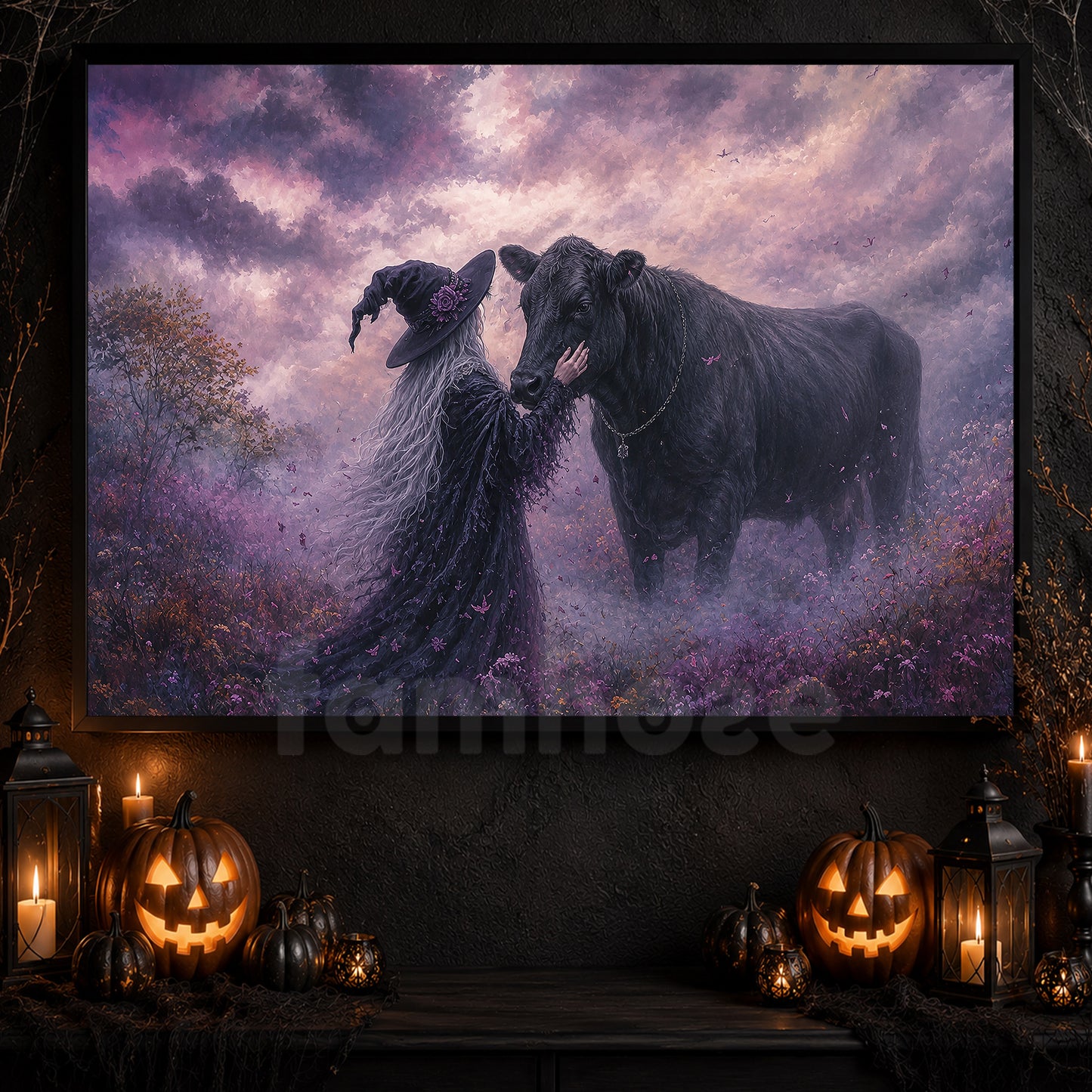 Halloween Witch Black Angus Cow Canvas Painting, The Witch Who Whispers To Cow Wall Art Decor, Spooky Season Poster Gift For Cow Lover