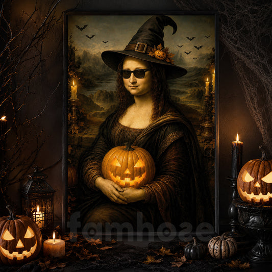 Funny Halloween Mona Lisa Witch Canvas Painting, When Mona Lisa Gets Witchy Wall Art Decor, Vintage Spooky Season Poster Gift For Witch Lover