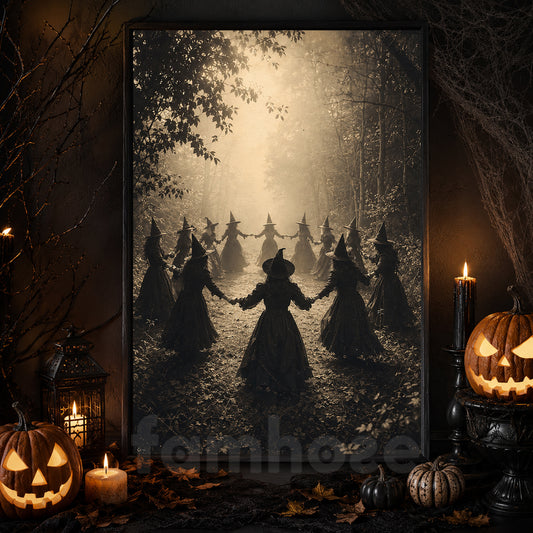 Vintage Halloween Witch Coven Canvas Painting, Witches Dancing In Forest Wall Art Decor, Spooky Season Poster Gift For Witch Lover