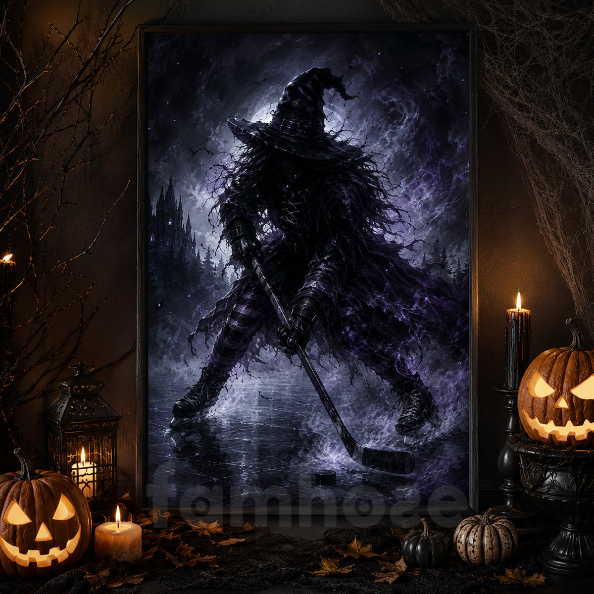 Halloween Witch Hockey Canvas Painting, The Witch Takes The Ice Wall Art Decor, Spooky Season Poster Gift For Hockey Lover