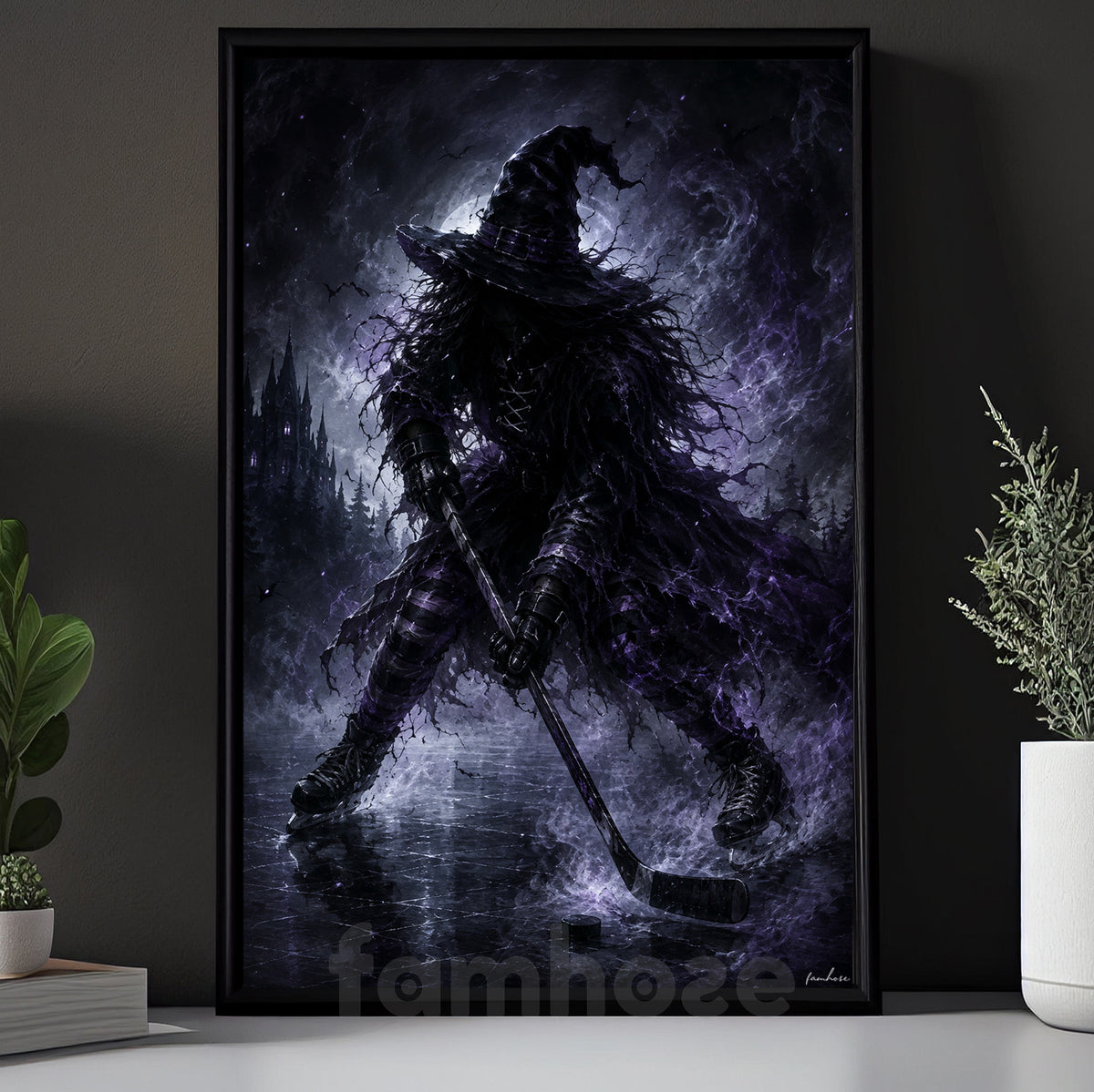 Halloween Witch Hockey Canvas Painting, The Witch Takes The Ice Wall Art Decor, Spooky Season Poster Gift For Hockey Lover