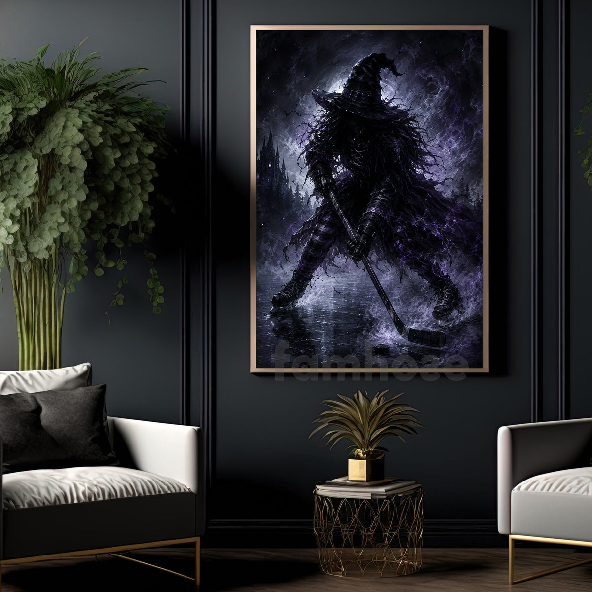 Halloween Witch Hockey Canvas Painting, The Witch Takes The Ice Wall Art Decor, Spooky Season Poster Gift For Hockey Lover