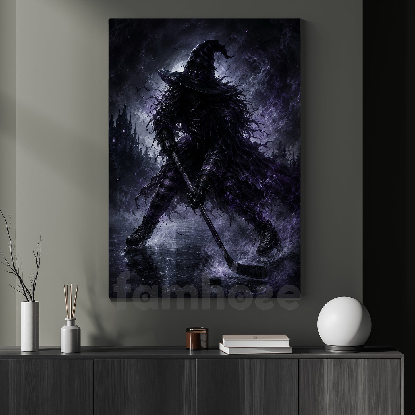 Halloween Witch Hockey Canvas Painting, The Witch Takes The Ice Wall Art Decor, Spooky Season Poster Gift For Hockey Lover