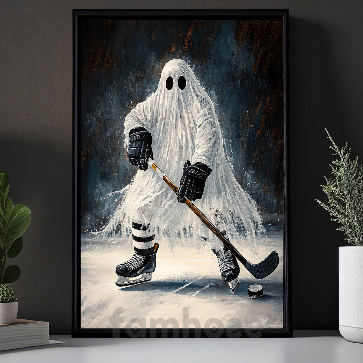 Halloween Ghost Hockey Canvas Painting, Hockey Never Dies Wall Art Decor, Spooky Season Poster Gift For Hockey Lover