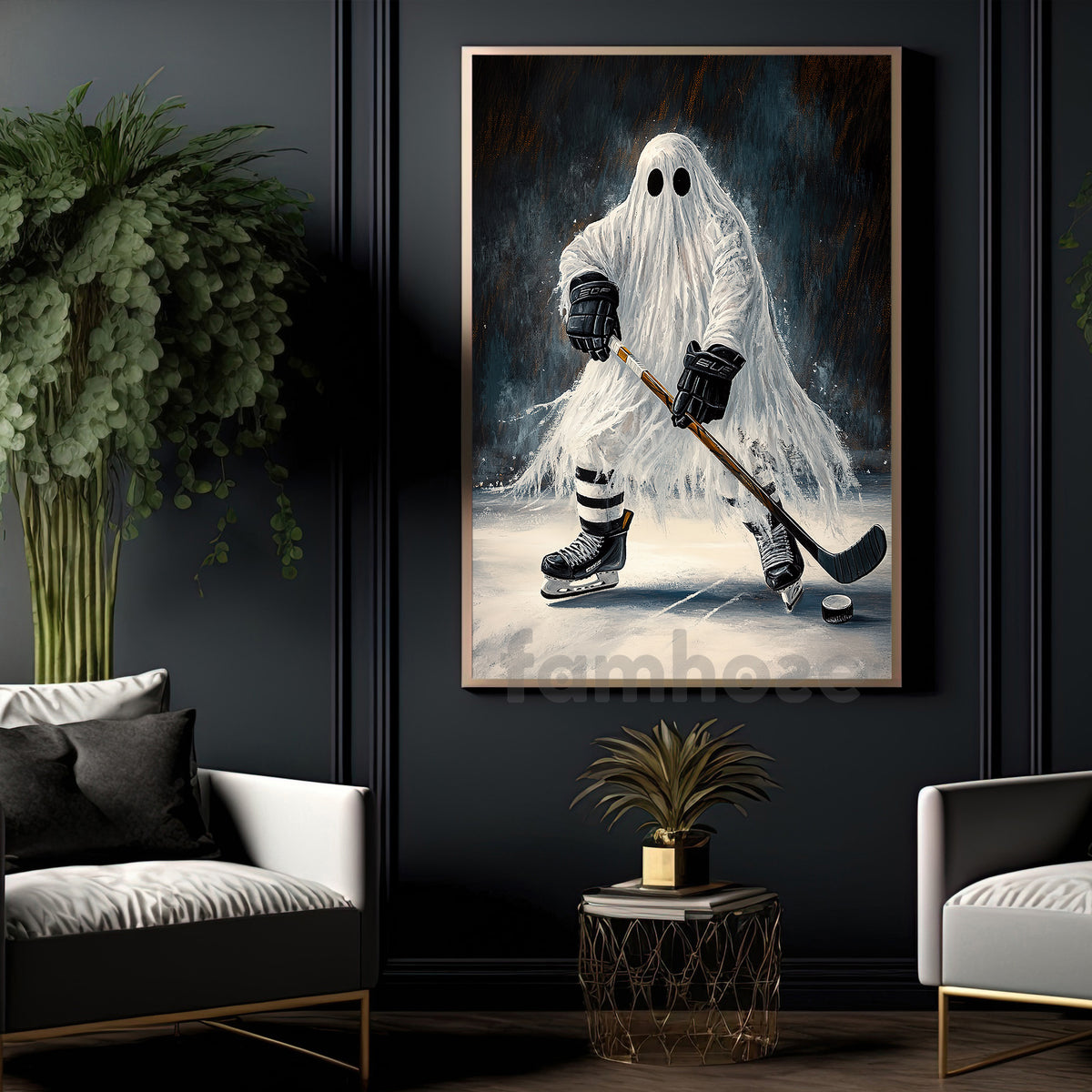 Halloween Ghost Hockey Canvas Painting, Hockey Never Dies Wall Art Decor, Spooky Season Poster Gift For Hockey Lover
