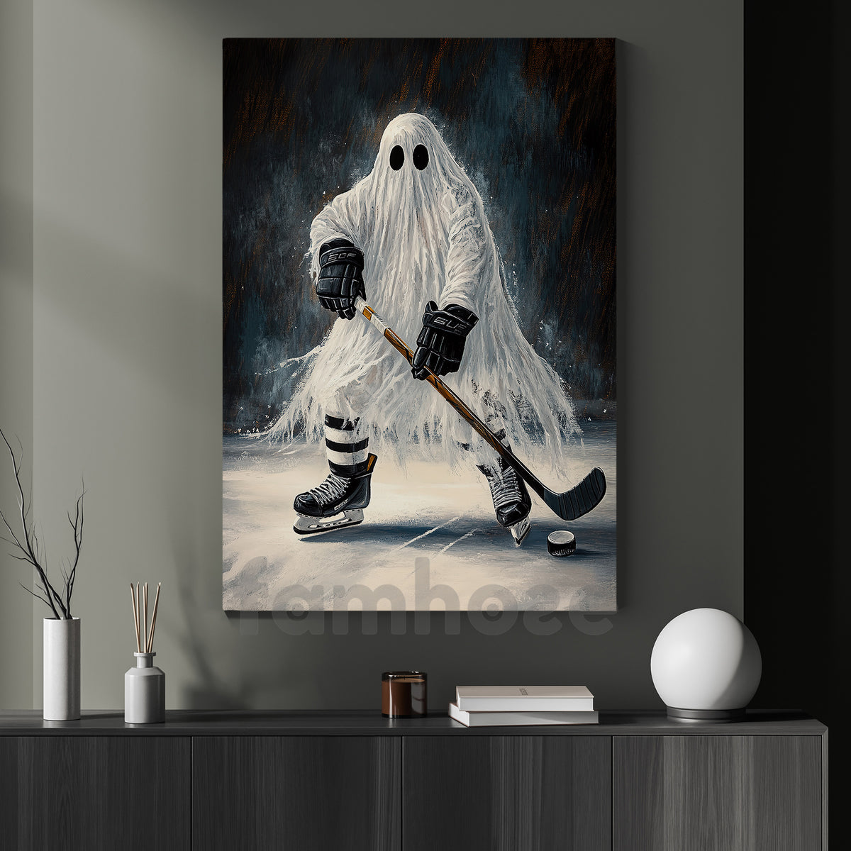 Halloween Ghost Hockey Canvas Painting, Hockey Never Dies Wall Art Decor, Spooky Season Poster Gift For Hockey Lover