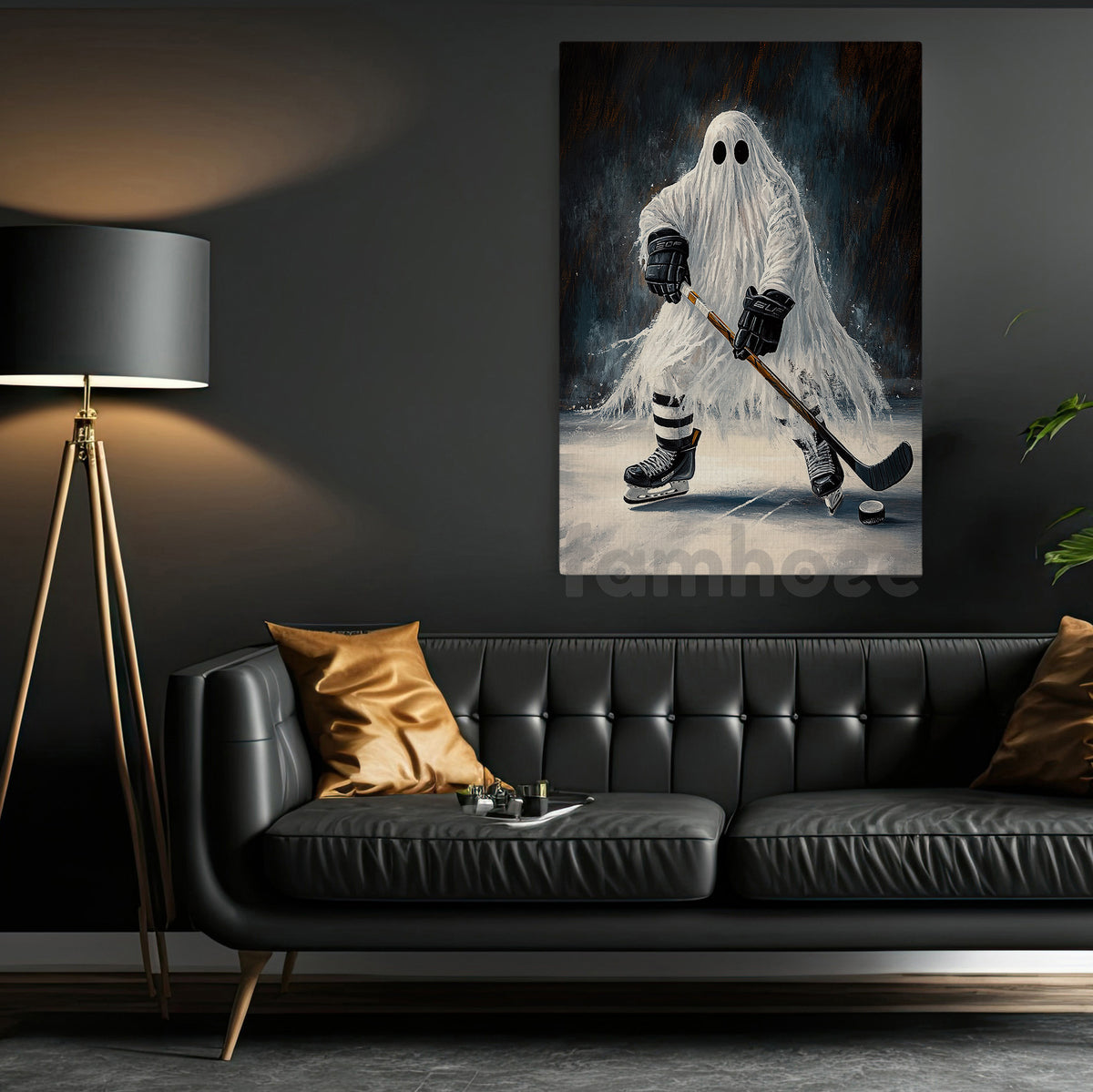 Halloween Ghost Hockey Canvas Painting, Hockey Never Dies Wall Art Decor, Spooky Season Poster Gift For Hockey Lover