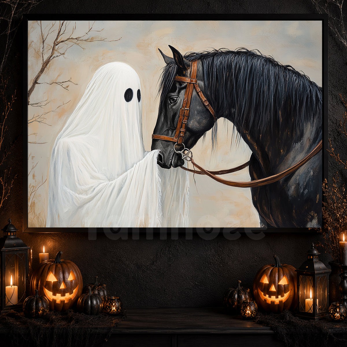 Halloween Ghost & Black Horse Canvas Painting, Where Love Outlives Goodbye Wall Art Decor, Spooky Season Poster Gift For Horse Lover
