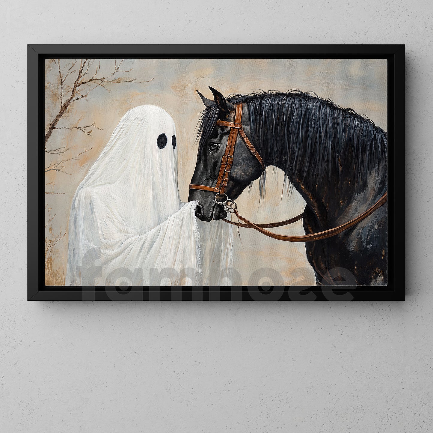 Halloween Ghost & Black Horse Canvas Painting, Where Love Outlives Goodbye Wall Art Decor, Spooky Season Poster Gift For Horse Lover