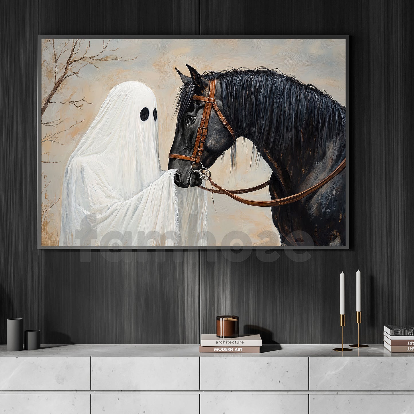 Halloween Ghost & Black Horse Canvas Painting, Where Love Outlives Goodbye Wall Art Decor, Spooky Season Poster Gift For Horse Lover