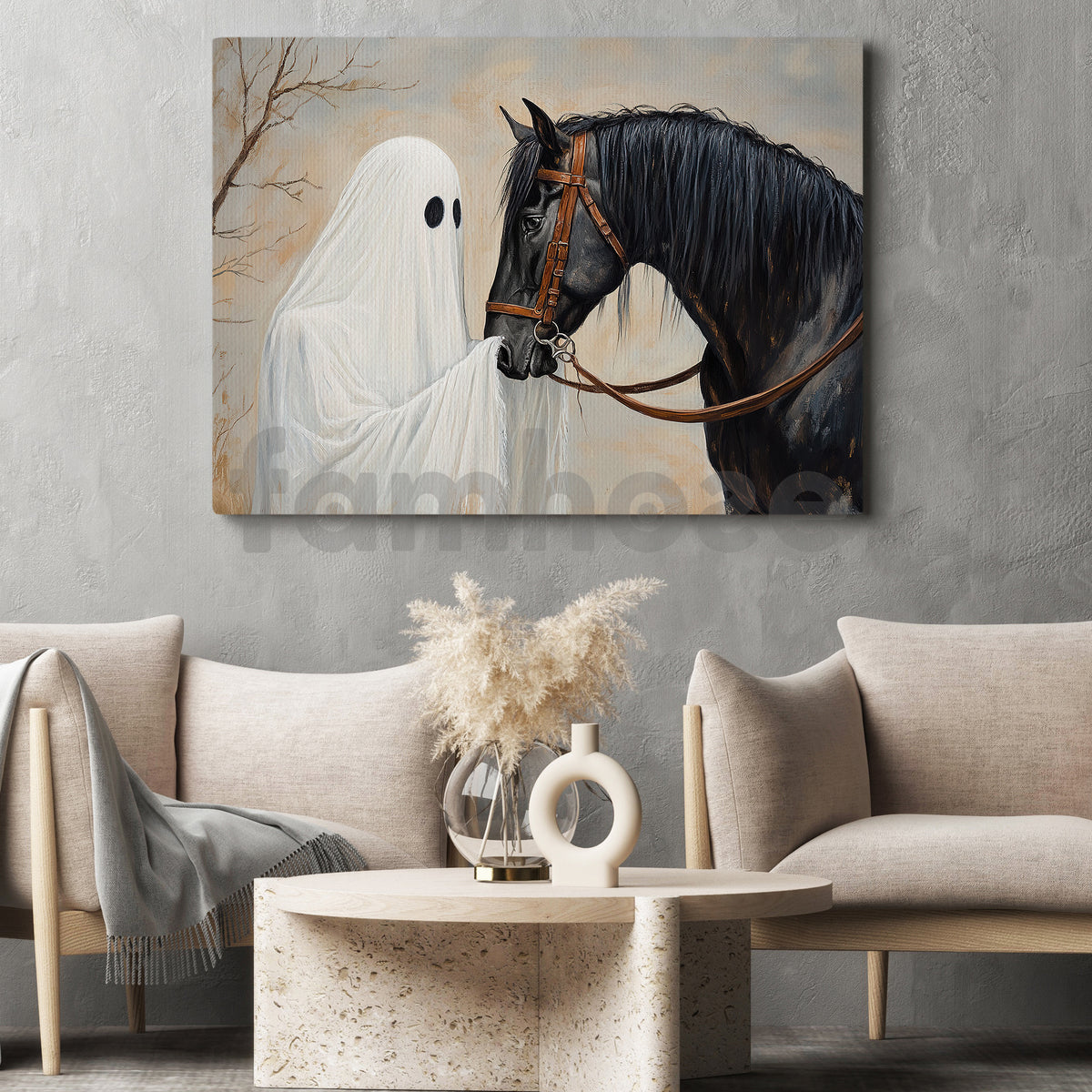 Halloween Ghost & Black Horse Canvas Painting, Where Love Outlives Goodbye Wall Art Decor, Spooky Season Poster Gift For Horse Lover