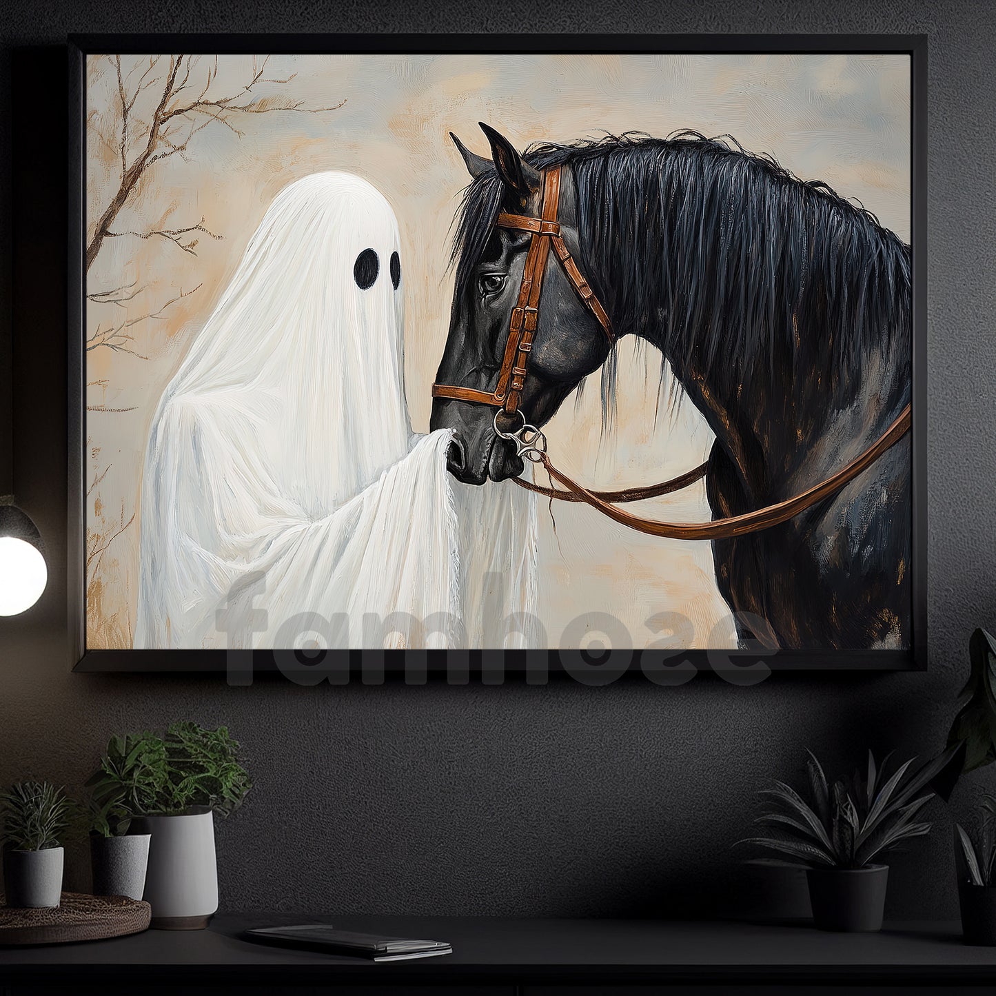 Halloween Ghost & Black Horse Canvas Painting, Where Love Outlives Goodbye Wall Art Decor, Spooky Season Poster Gift For Horse Lover
