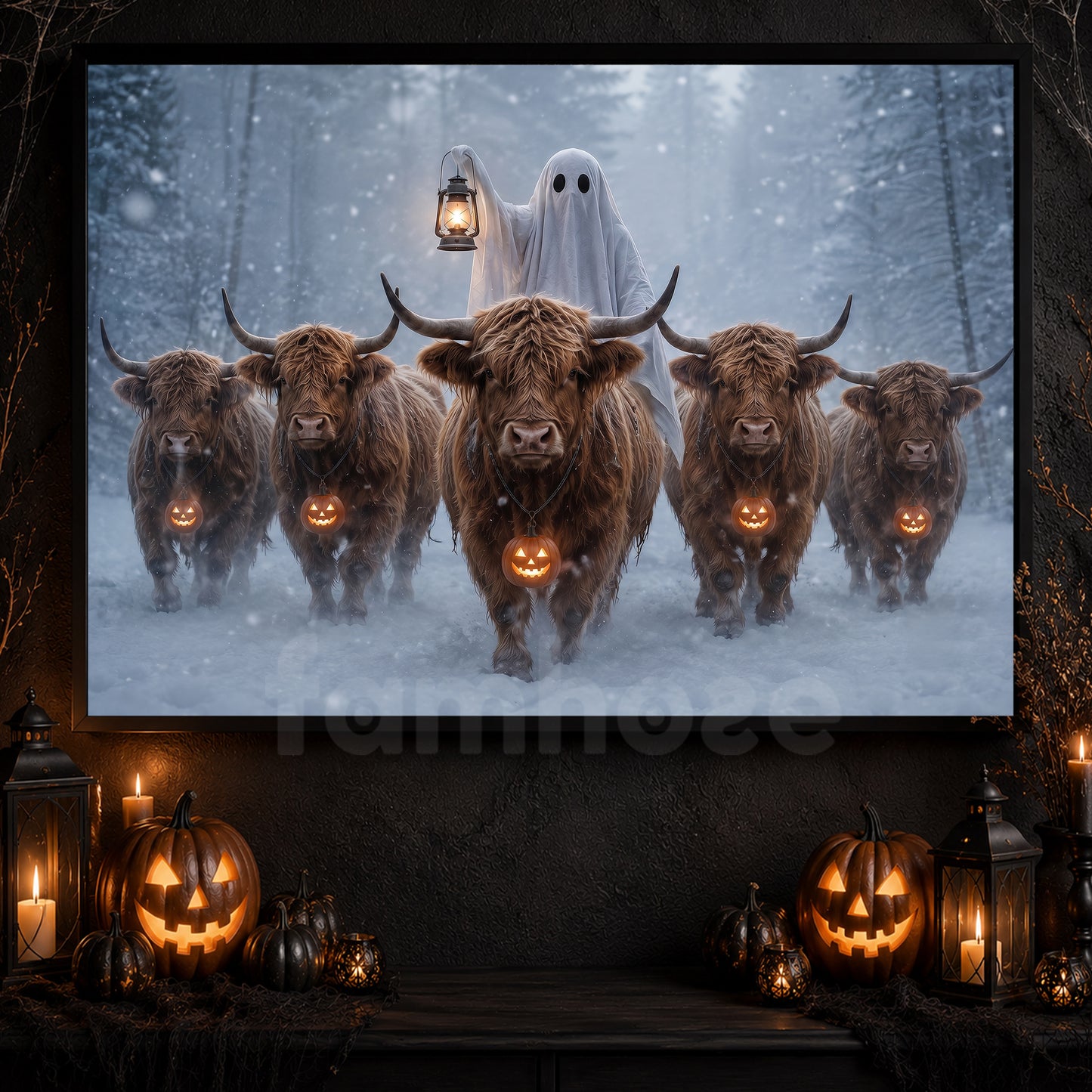 Halloween Ghost And Highland Cows Canvas Painting, The Haunted Highland Herd Wall Art Decor, Spooky Season Poster Gift For Cow Lover