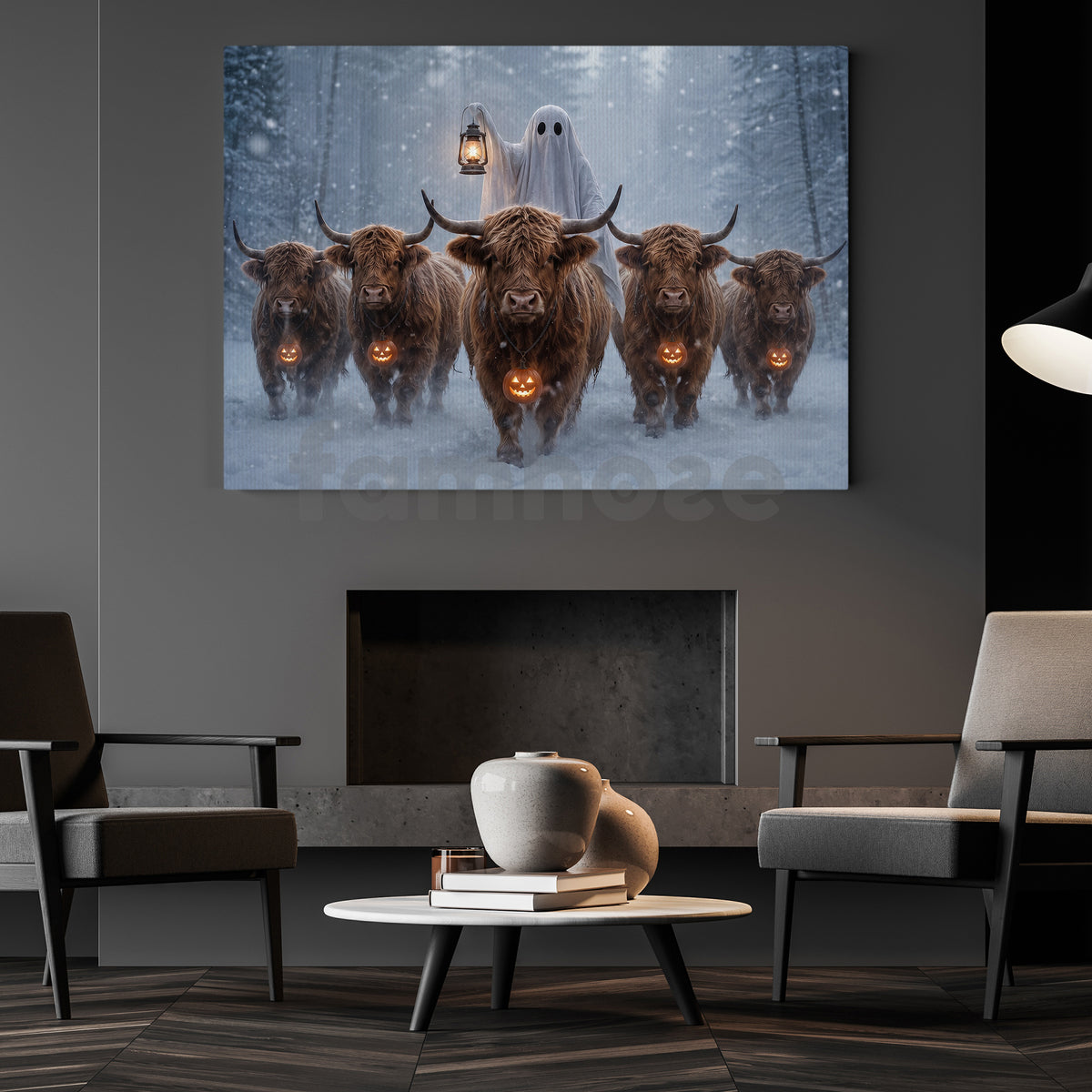 Halloween Ghost And Highland Cows Canvas Painting, The Haunted Highland Herd Wall Art Decor, Spooky Season Poster Gift For Cow Lover