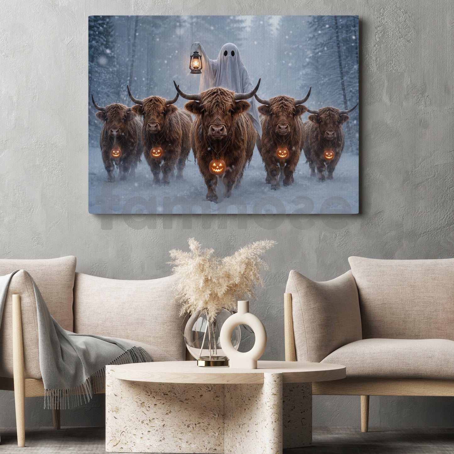 Halloween Ghost And Highland Cows Canvas Painting, The Haunted Highland Herd Wall Art Decor, Spooky Season Poster Gift For Cow Lover