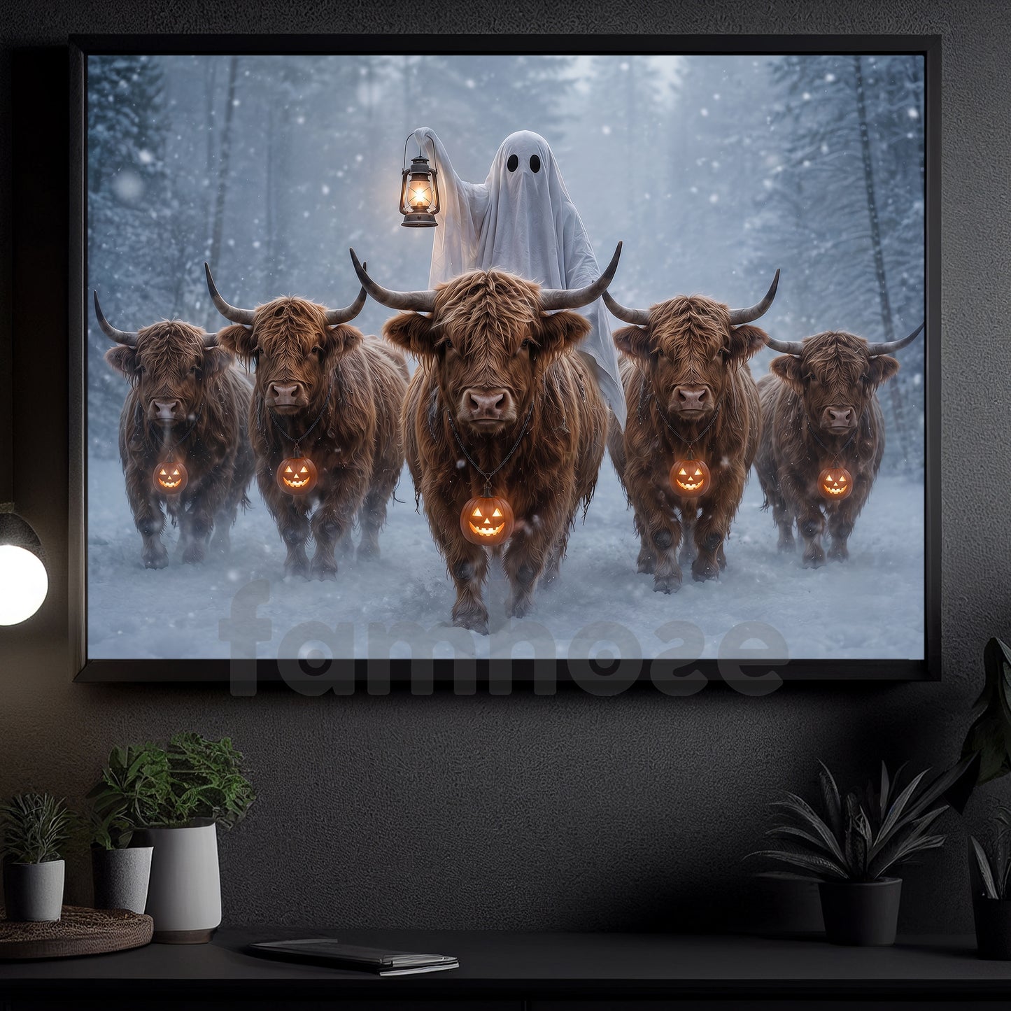 Halloween Ghost And Highland Cows Canvas Painting, The Haunted Highland Herd Wall Art Decor, Spooky Season Poster Gift For Cow Lover
