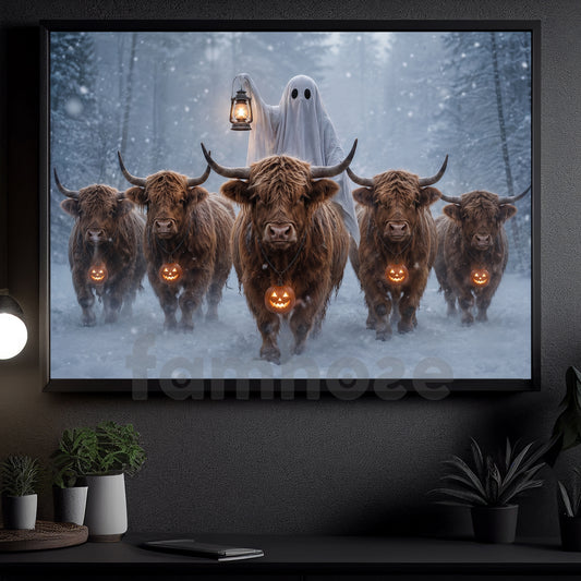 Halloween Ghost And Highland Cows Canvas Painting, The Haunted Highland Herd Wall Art Decor, Spooky Season Poster Gift For Cow Lover