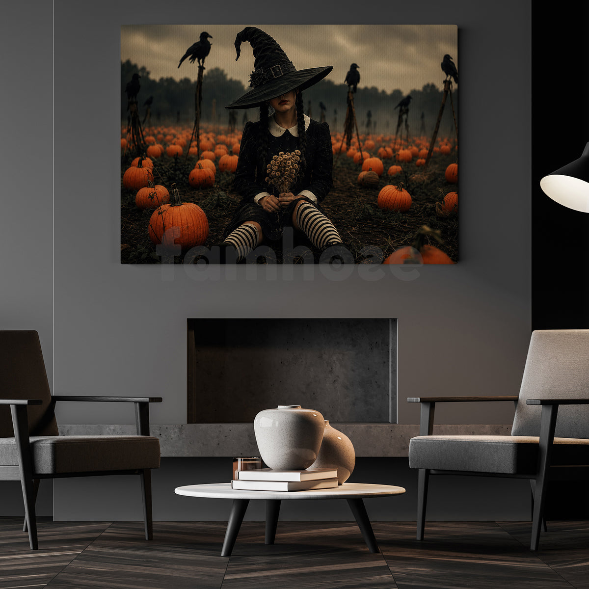 Halloween Wednesday Canvas Painting, Witch Pumpkin Patch Wall Art Decor, Spooky Season Poster Gift For Wednesday Movie Fan