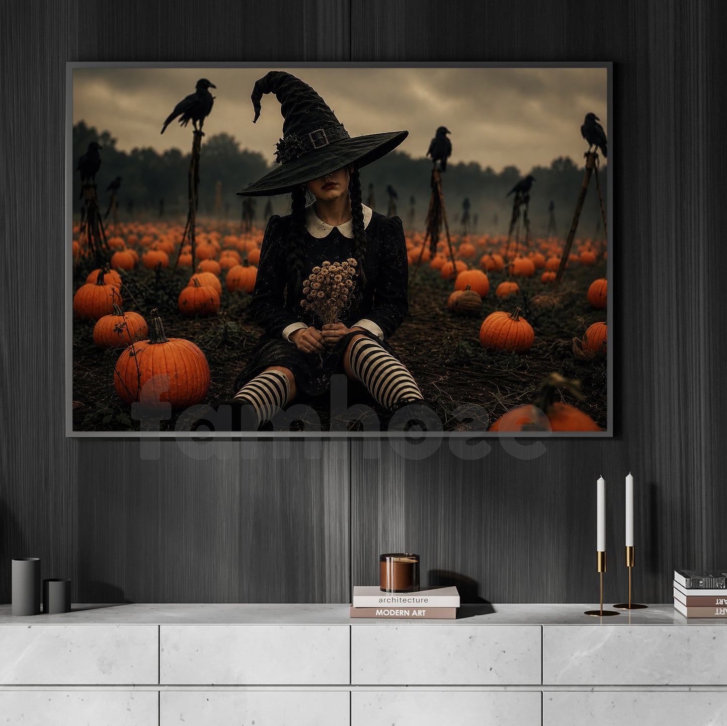 Halloween Wednesday Canvas Painting, Witch Pumpkin Patch Wall Art Decor, Spooky Season Poster Gift For Wednesday Movie Fan
