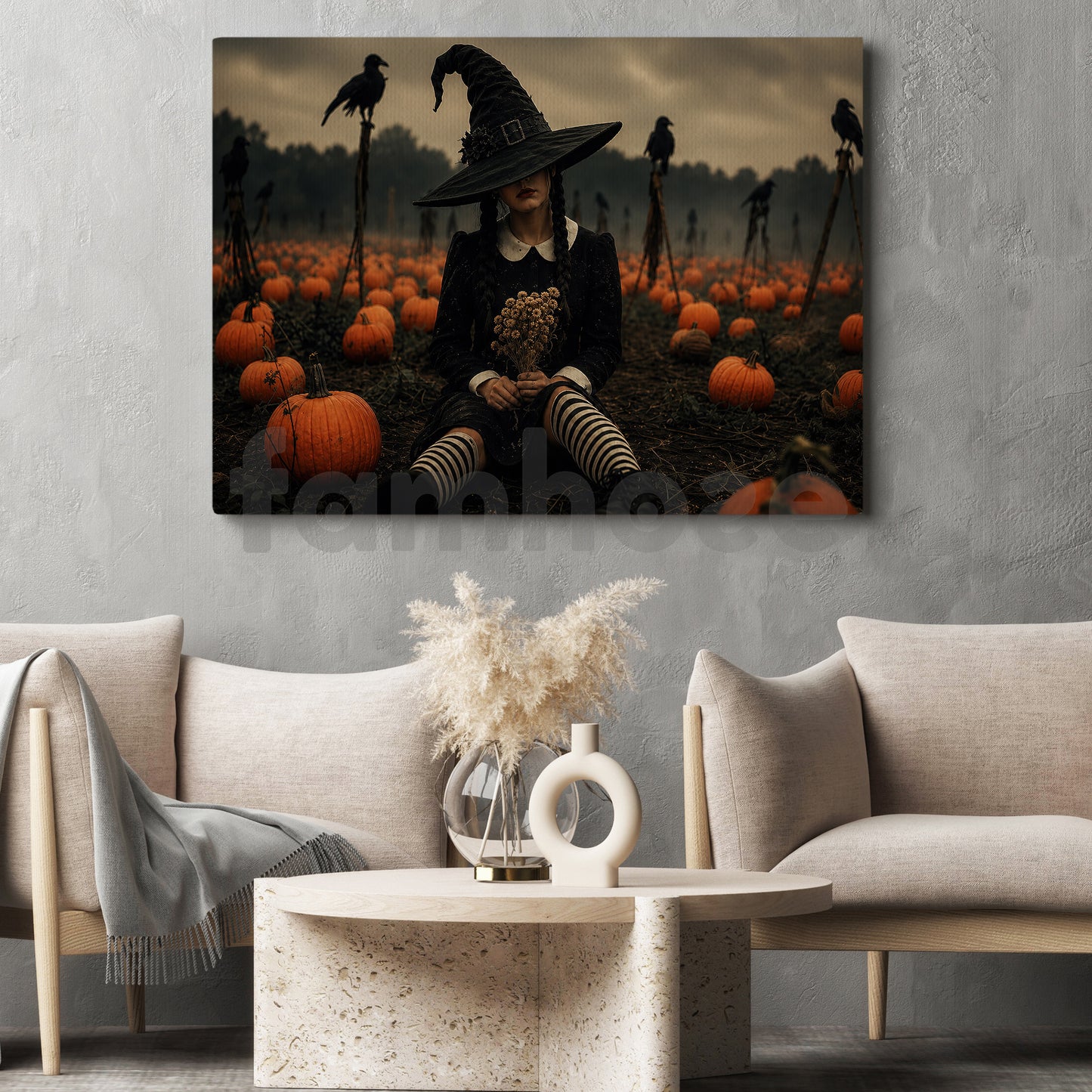 Halloween Wednesday Canvas Painting, Witch Pumpkin Patch Wall Art Decor, Spooky Season Poster Gift For Wednesday Movie Fan
