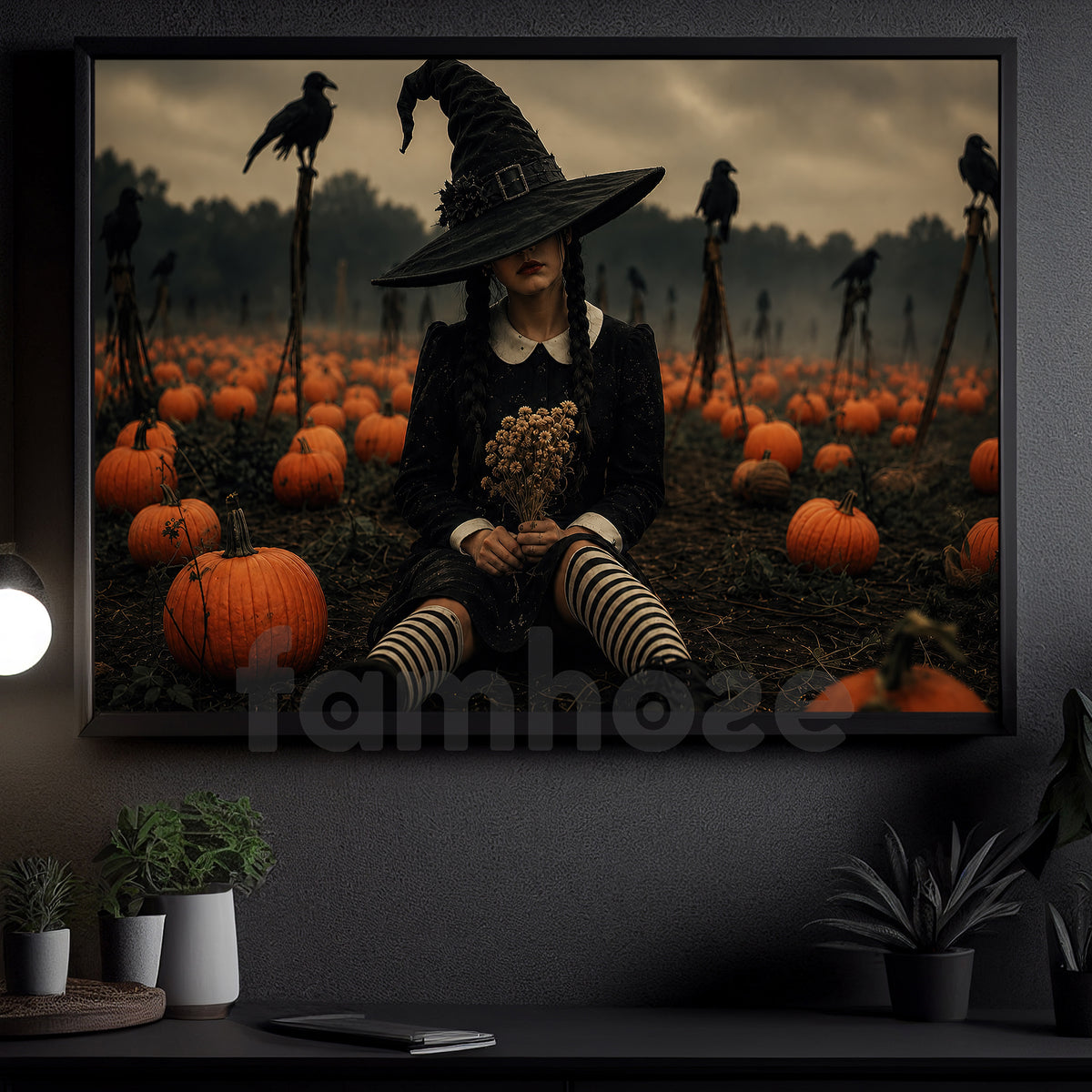 Halloween Wednesday Canvas Painting, Witch Pumpkin Patch Wall Art Decor, Spooky Season Poster Gift For Wednesday Movie Fan