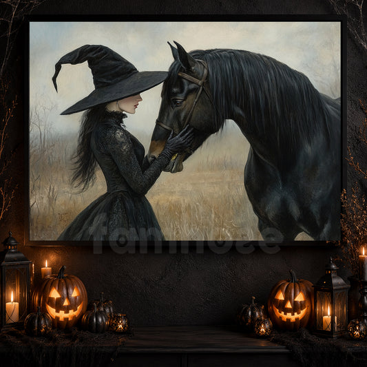 Halloween Witch & Black Horse Canvas Painting, The Witch And Her Midnight Horse Wall Art Decor, Spooky Season Poster Gift For Witch & Horse Lover