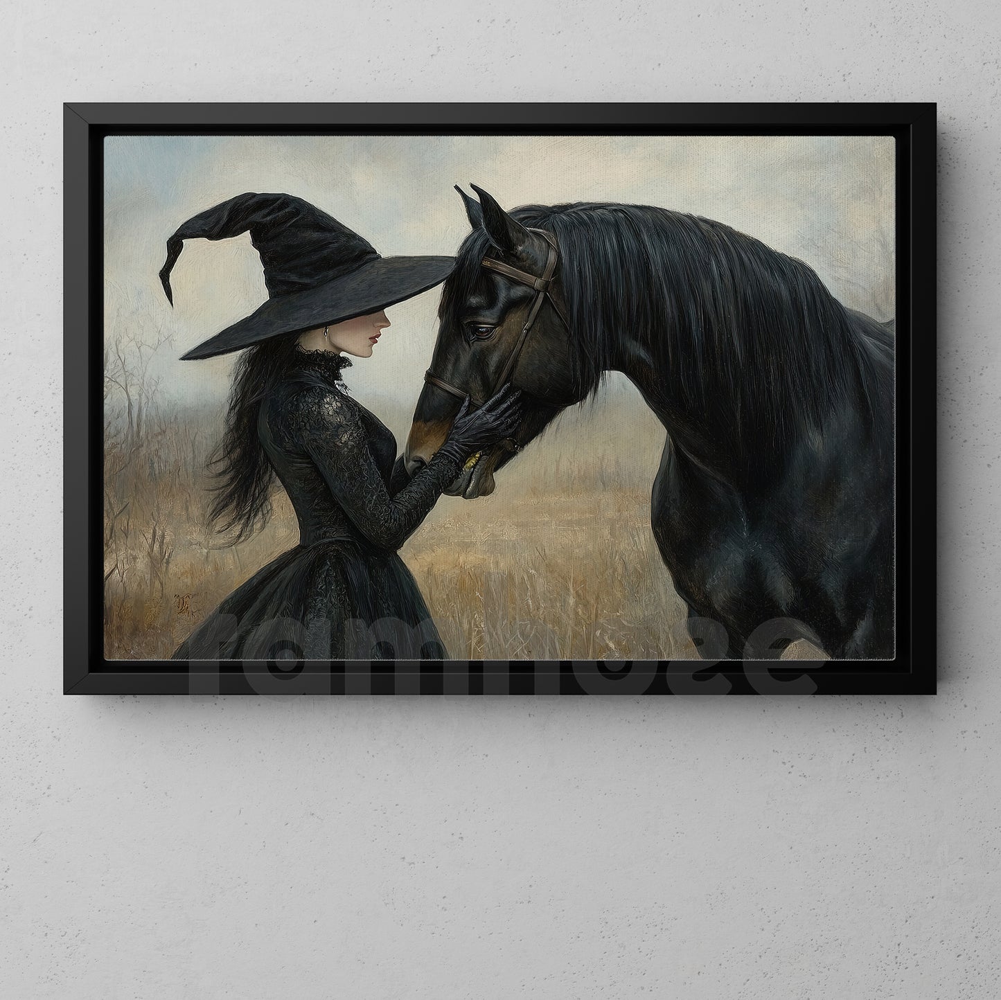 Halloween Witch & Black Horse Canvas Painting, The Witch And Her Midnight Horse Wall Art Decor, Spooky Season Poster Gift For Witch & Horse Lover