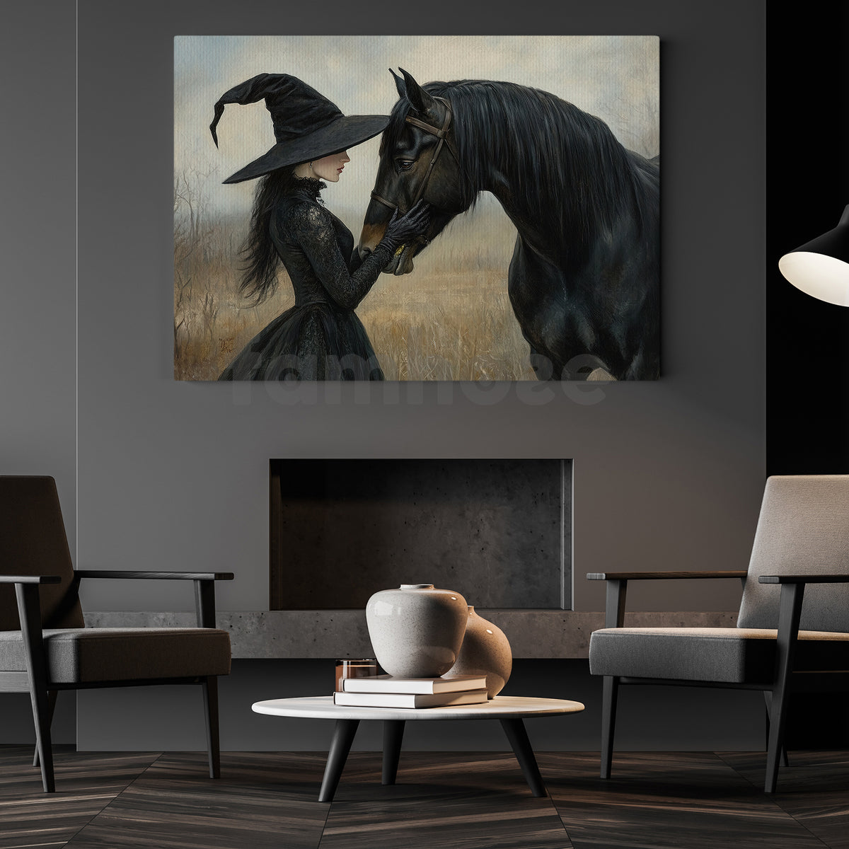 Halloween Witch & Black Horse Canvas Painting, The Witch And Her Midnight Horse Wall Art Decor, Spooky Season Poster Gift For Witch & Horse Lover