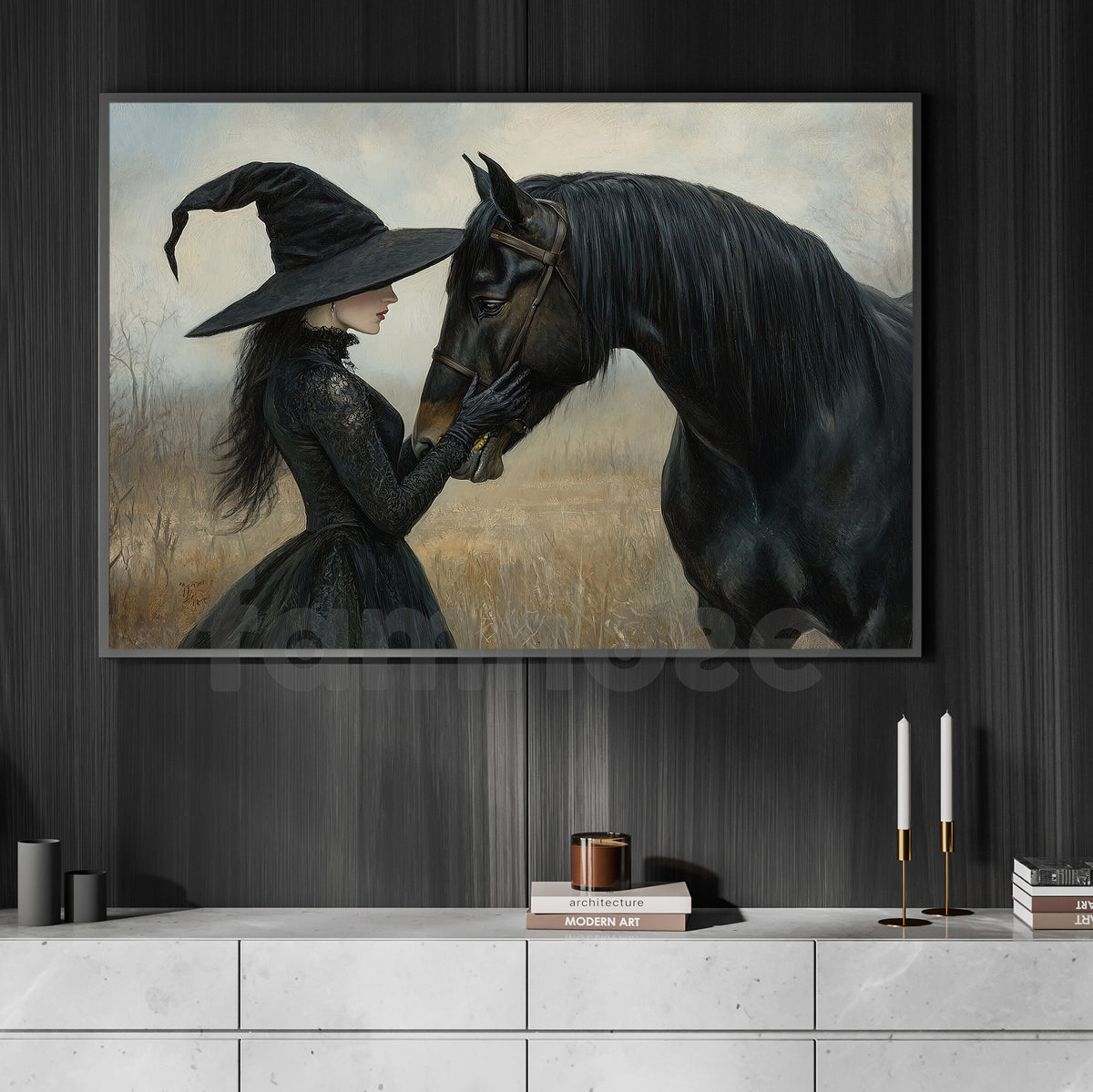 Halloween Witch & Black Horse Canvas Painting, The Witch And Her Midnight Horse Wall Art Decor, Spooky Season Poster Gift For Witch & Horse Lover