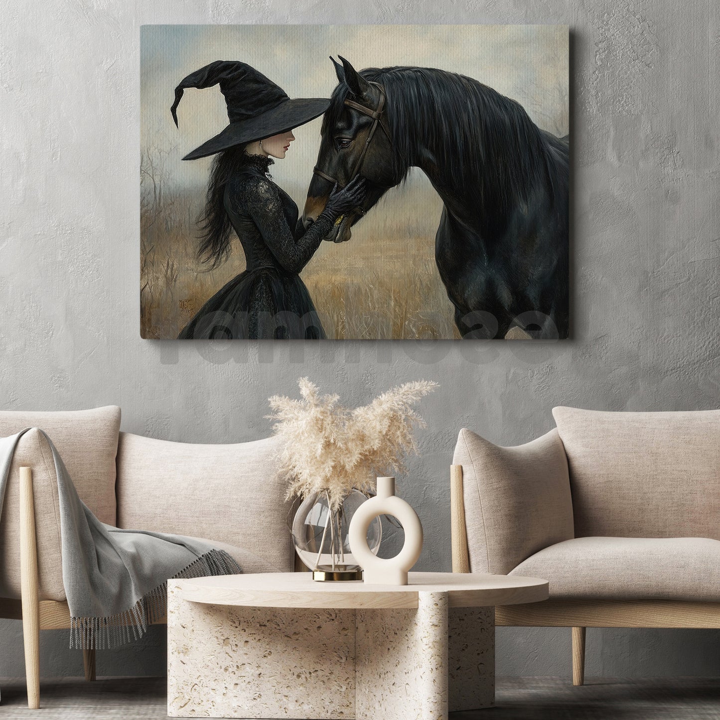 Halloween Witch & Black Horse Canvas Painting, The Witch And Her Midnight Horse Wall Art Decor, Spooky Season Poster Gift For Witch & Horse Lover