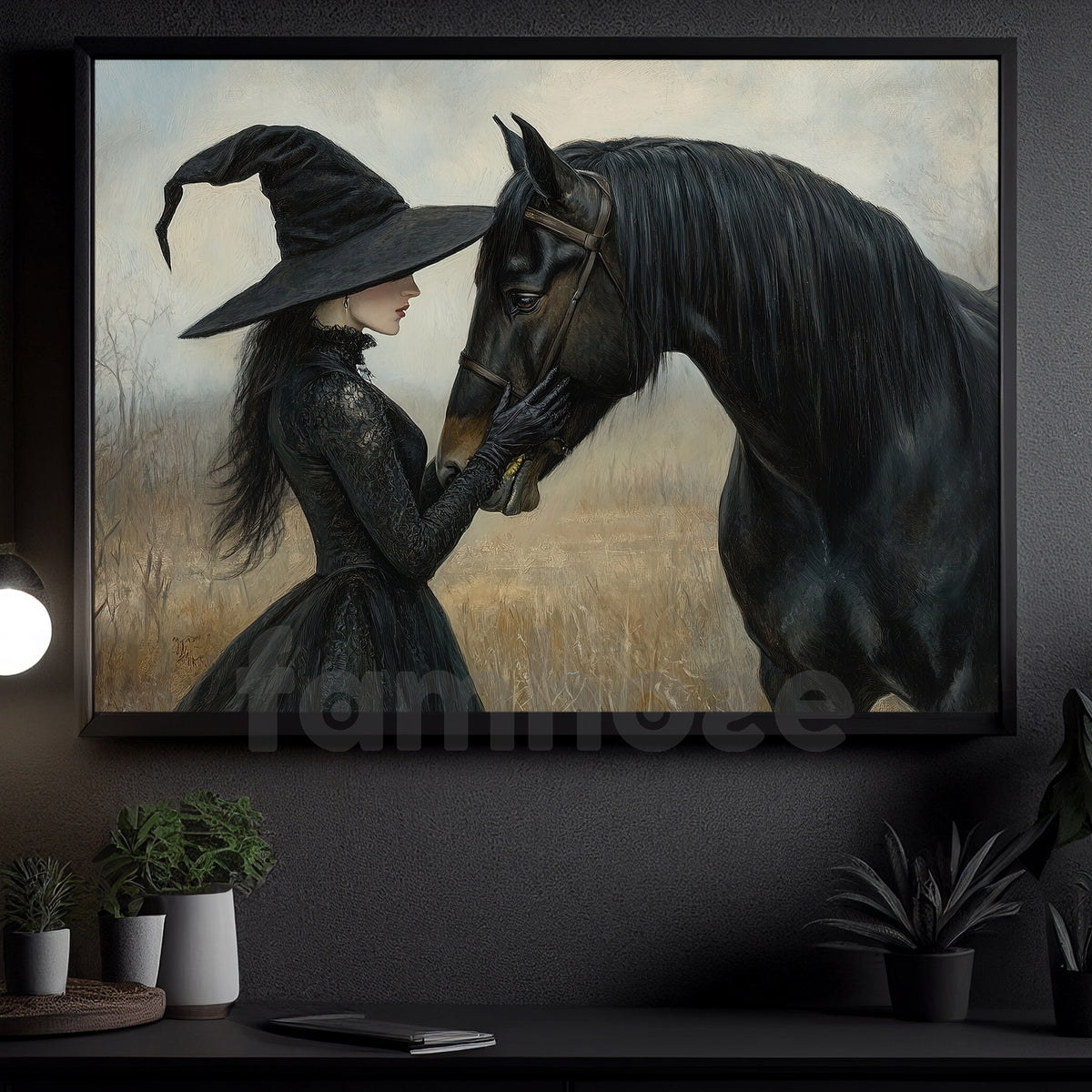 Halloween Witch & Black Horse Canvas Painting, The Witch And Her Midnight Horse Wall Art Decor, Spooky Season Poster Gift For Witch & Horse Lover