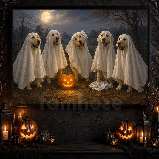 Halloween Ghost Labrador Retriever Dog Canvas Painting, The Golden Ghost Gang Wall Art Decor, Spooky Season Poster Gift For Dog Lover
