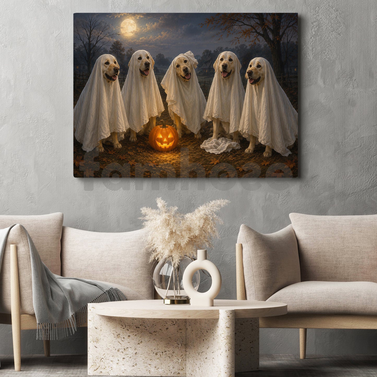 Halloween Ghost Labrador Retriever Dog Canvas Painting, The Golden Ghost Gang Wall Art Decor, Spooky Season Poster Gift For Dog Lover