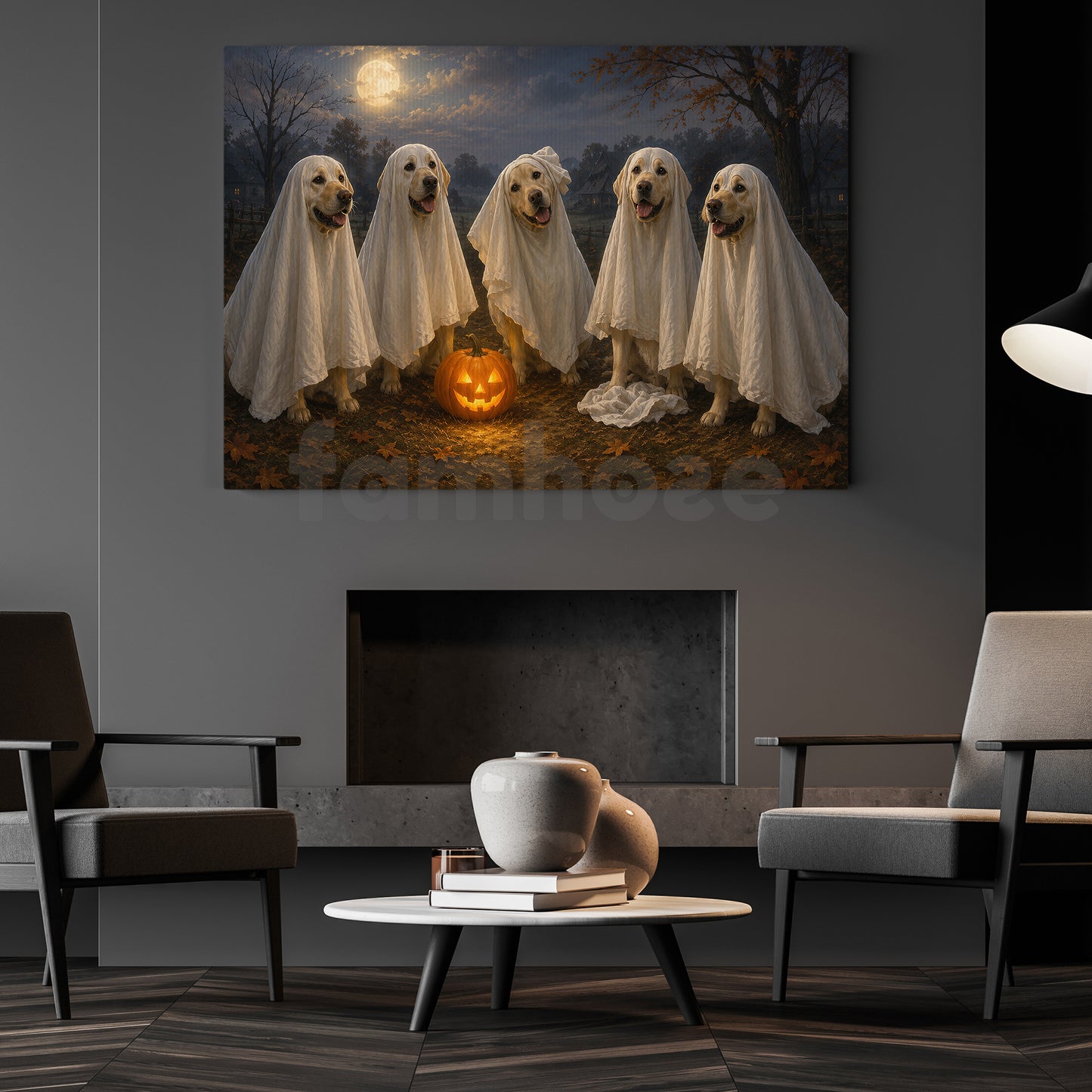 Halloween Ghost Labrador Retriever Dog Canvas Painting, The Golden Ghost Gang Wall Art Decor, Spooky Season Poster Gift For Dog Lover