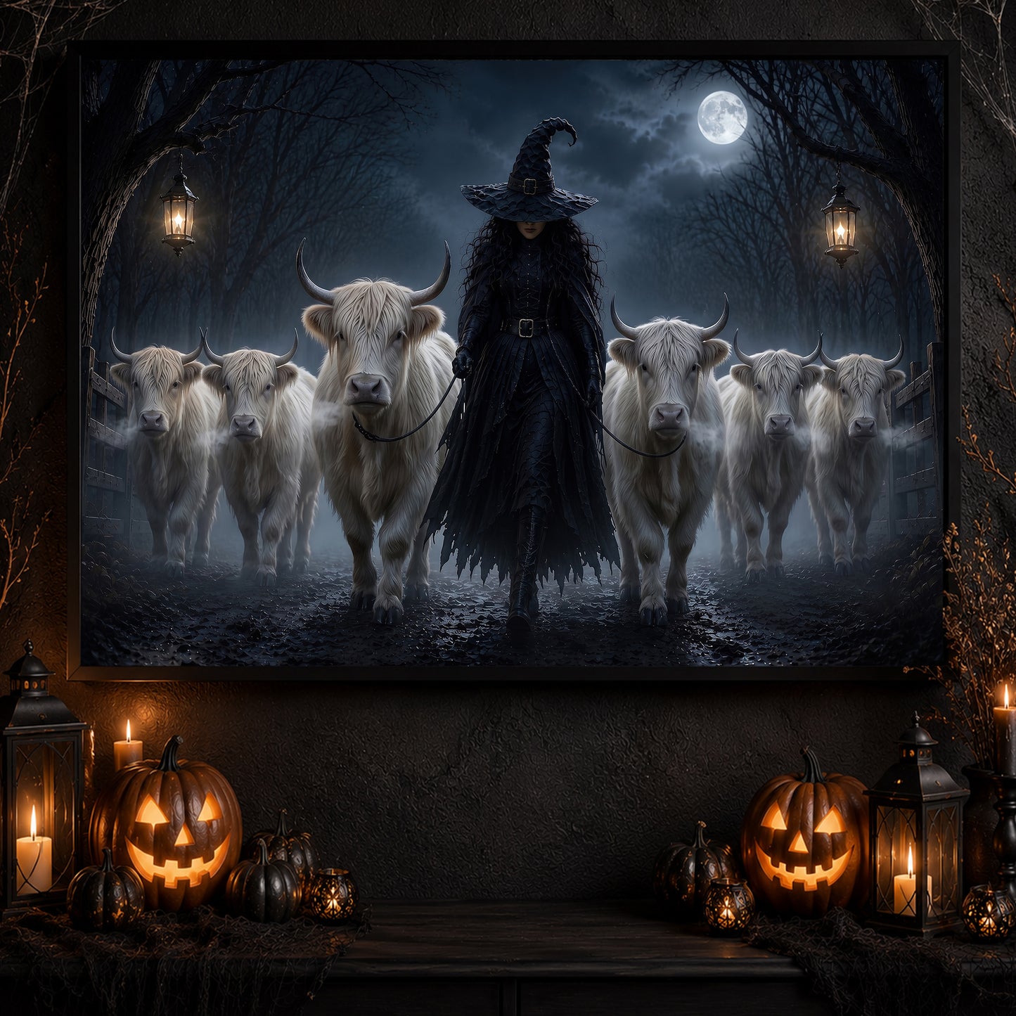 Halloween Witch And Highland Cows Canvas Painting, She Walks With The Highland Herd Wall Art Decor, Spooky Season Poster Gift For Cow Lover