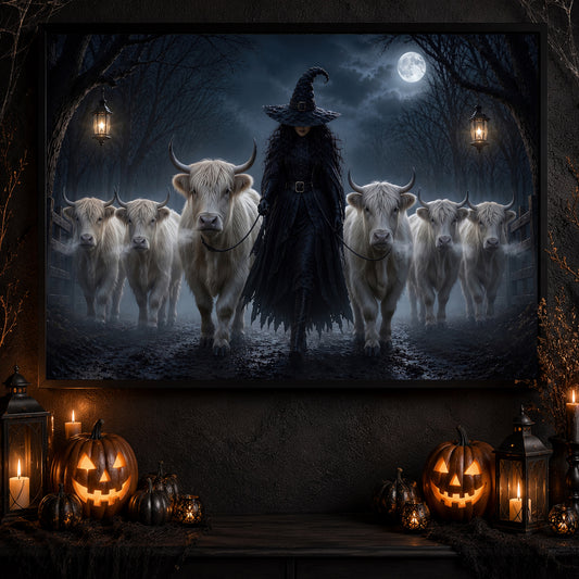 Halloween Witch And Highland Cows Canvas Painting, She Walks With The Highland Herd Wall Art Decor, Spooky Season Poster Gift For Cow Lover