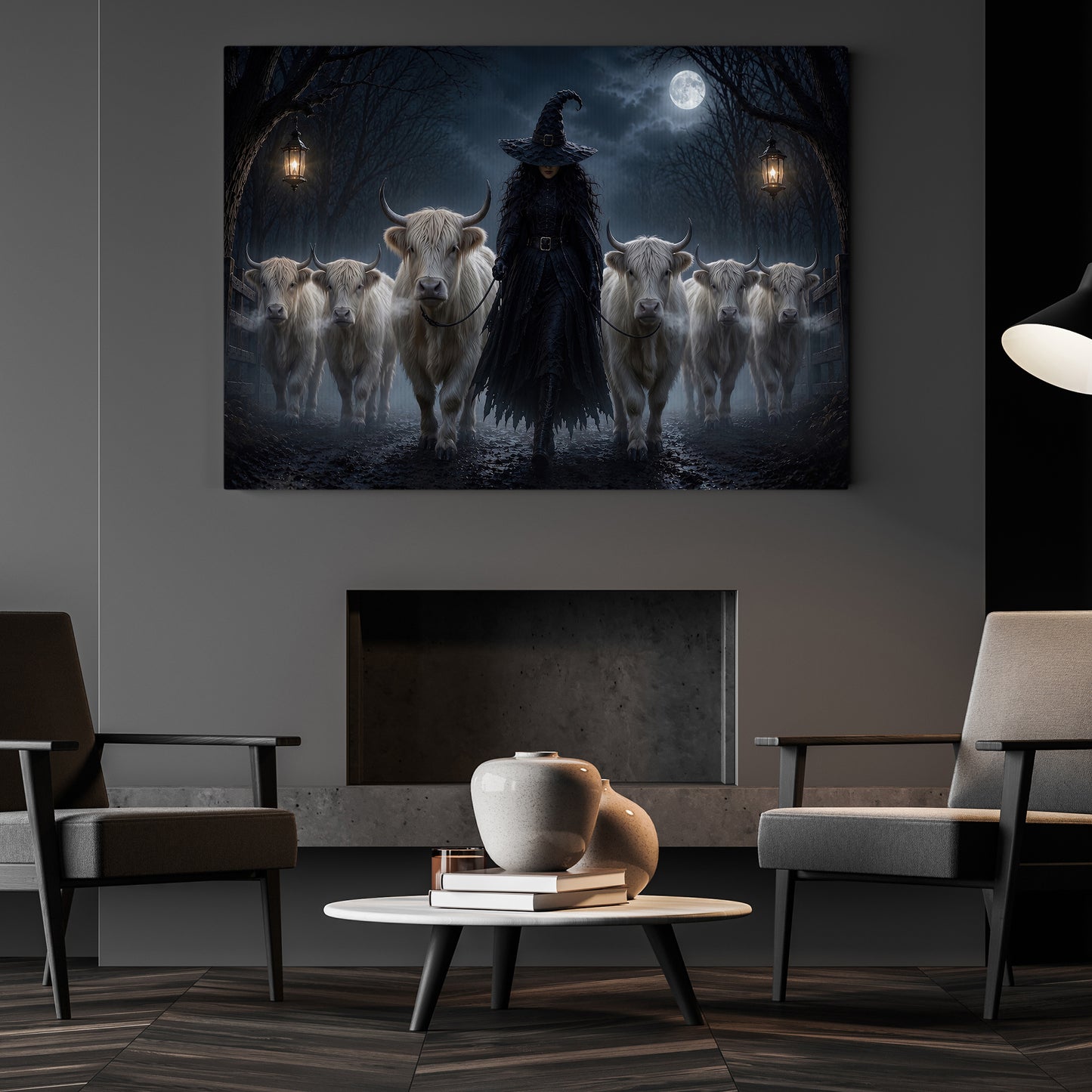 Halloween Witch And Highland Cows Canvas Painting, She Walks With The Highland Herd Wall Art Decor, Spooky Season Poster Gift For Cow Lover