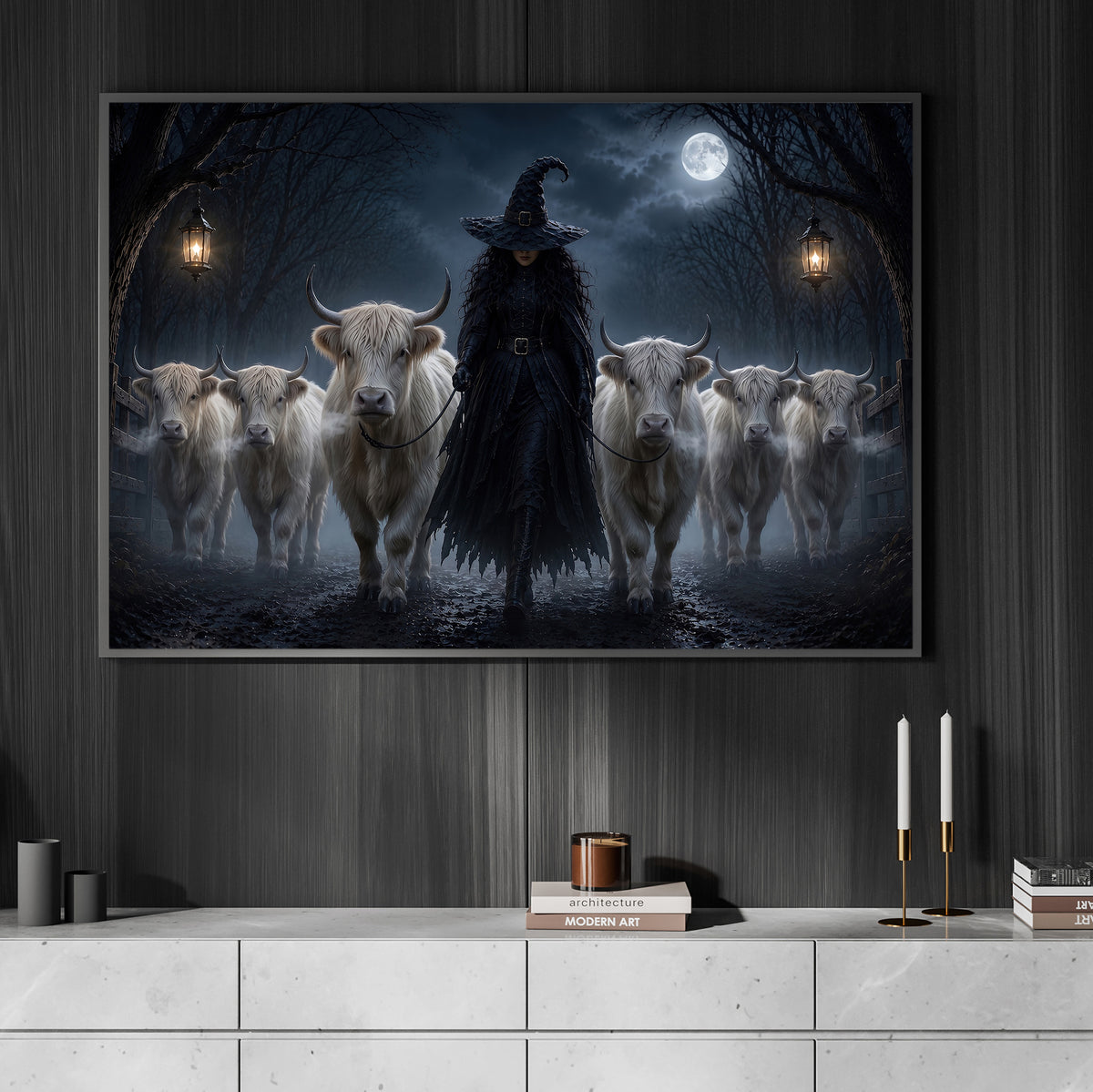 Halloween Witch And Highland Cows Canvas Painting, She Walks With The Highland Herd Wall Art Decor, Spooky Season Poster Gift For Cow Lover
