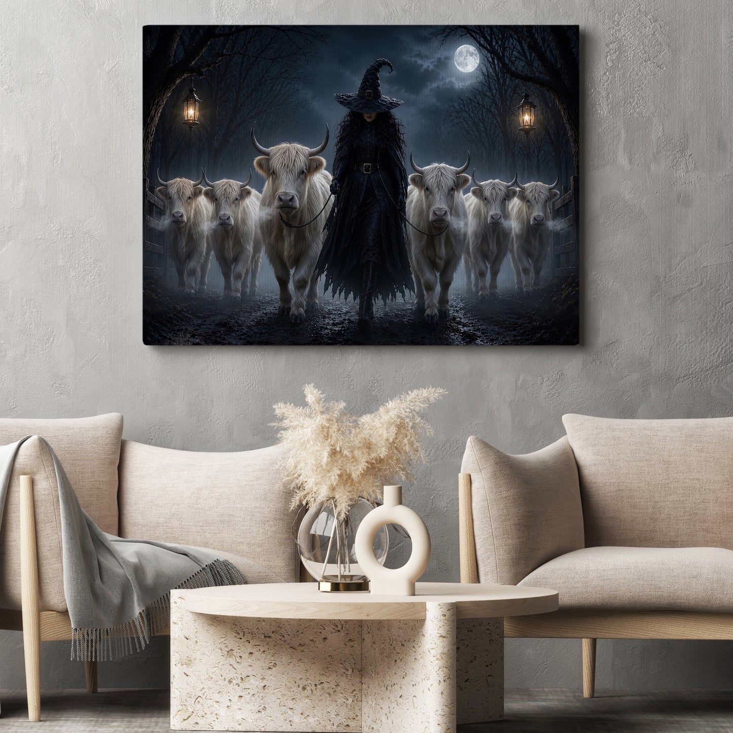 Halloween Witch And Highland Cows Canvas Painting, She Walks With The Highland Herd Wall Art Decor, Spooky Season Poster Gift For Cow Lover