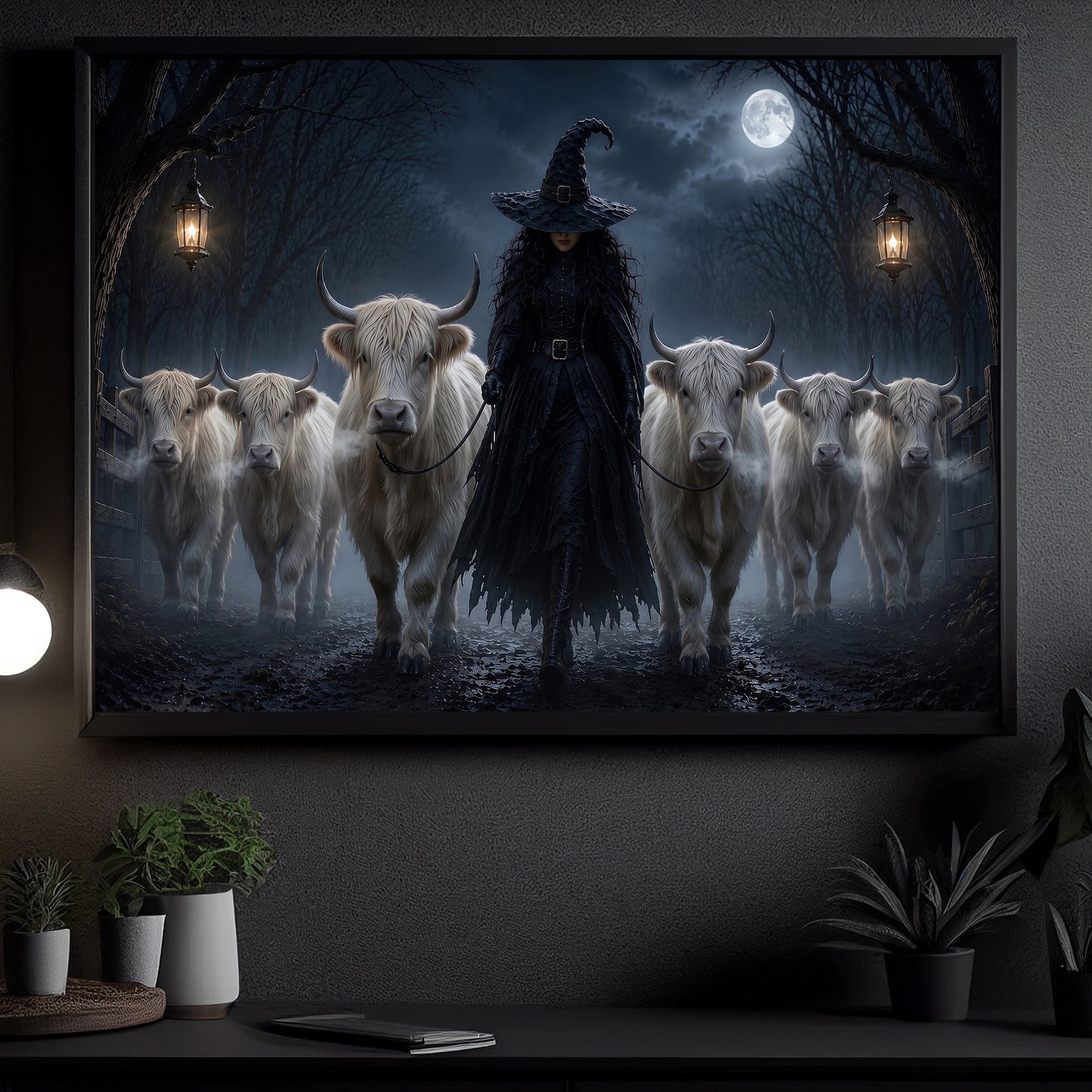 Halloween Witch And Highland Cows Canvas Painting, She Walks With The Highland Herd Wall Art Decor, Spooky Season Poster Gift For Cow Lover