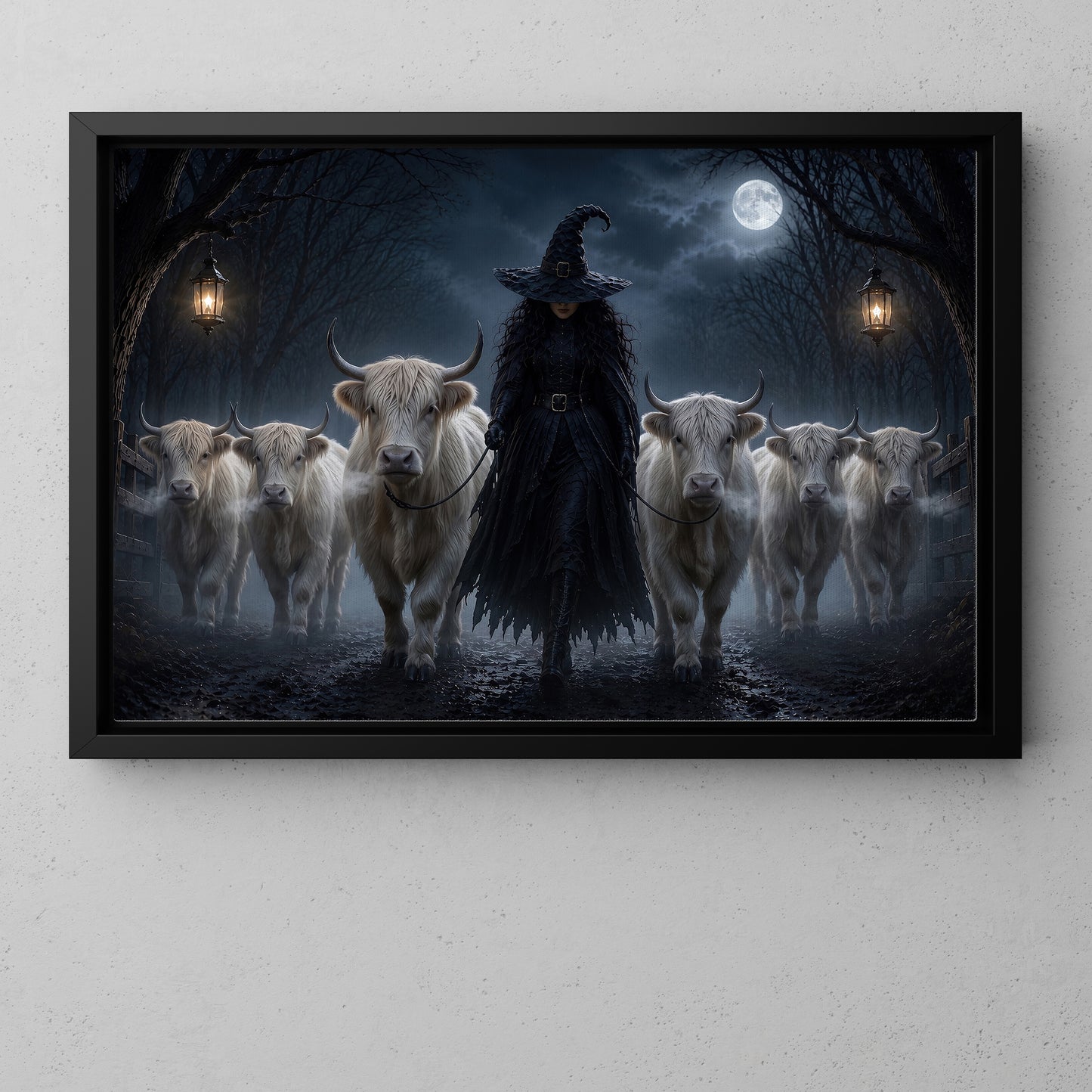 Halloween Witch And Highland Cows Canvas Painting, She Walks With The Highland Herd Wall Art Decor, Spooky Season Poster Gift For Cow Lover