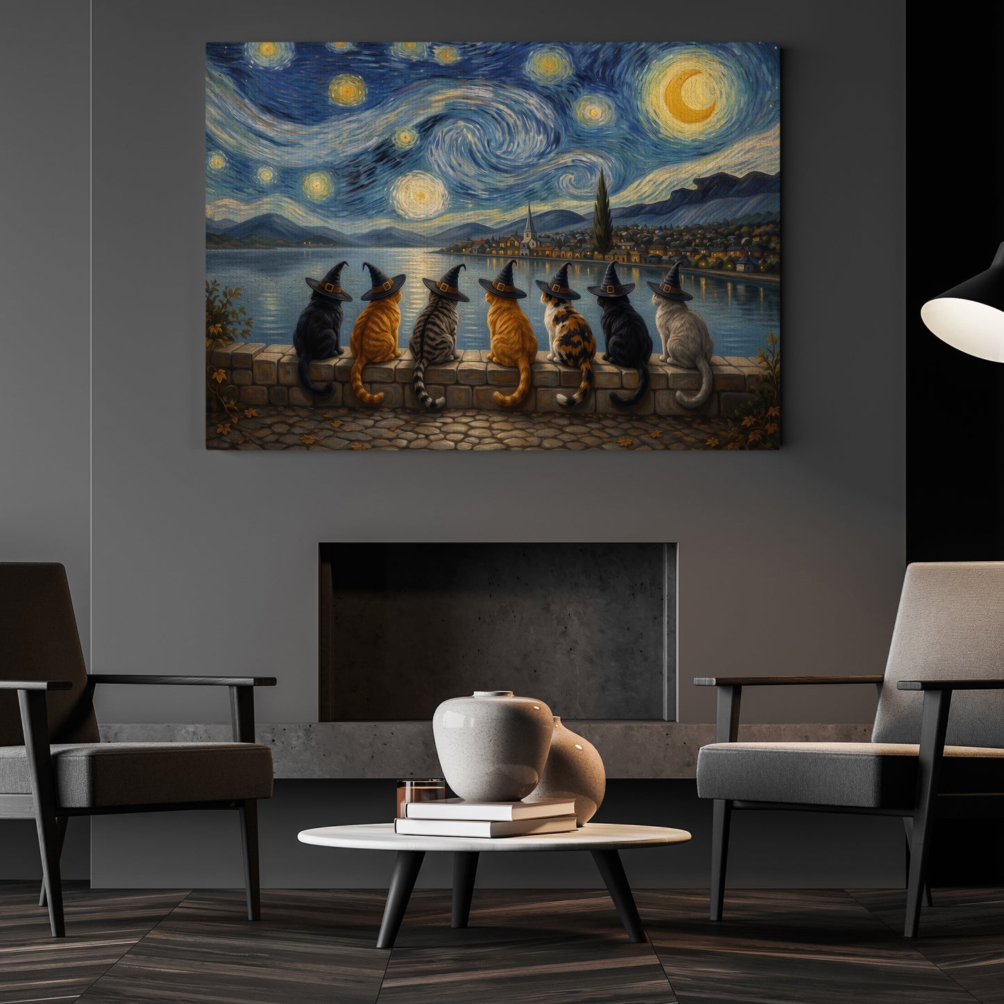 Halloween Impasto Oil Witch Cat Canvas Painting, A Night Beneath The Stars Wall Art Decor, Spooky Season Poster Gift For Cat Lover