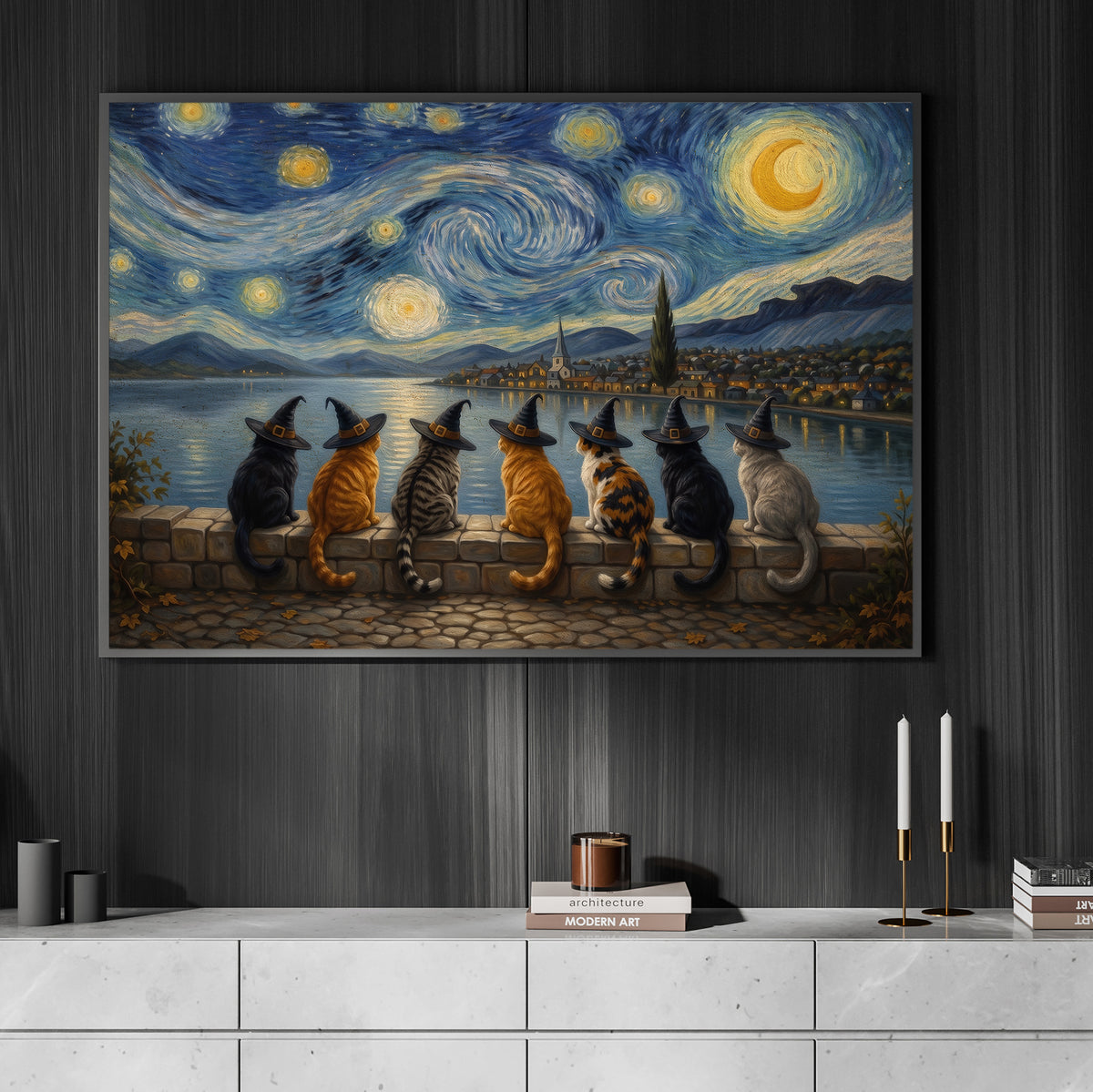 Halloween Impasto Oil Witch Cat Canvas Painting, A Night Beneath The Stars Wall Art Decor, Spooky Season Poster Gift For Cat Lover