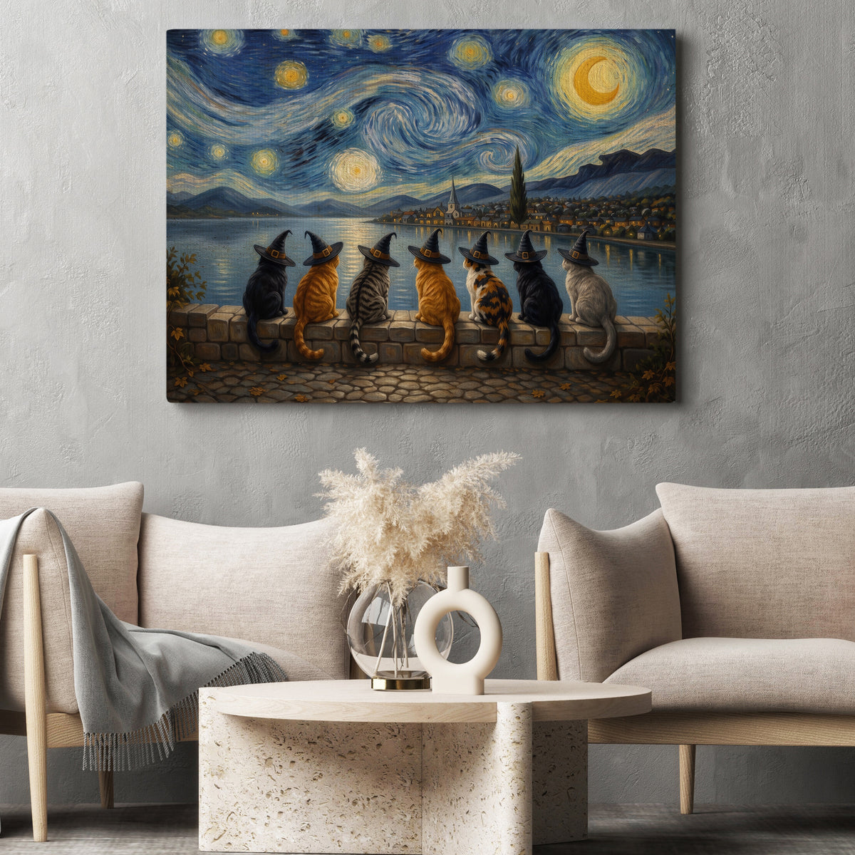 Halloween Impasto Oil Witch Cat Canvas Painting, A Night Beneath The Stars Wall Art Decor, Spooky Season Poster Gift For Cat Lover
