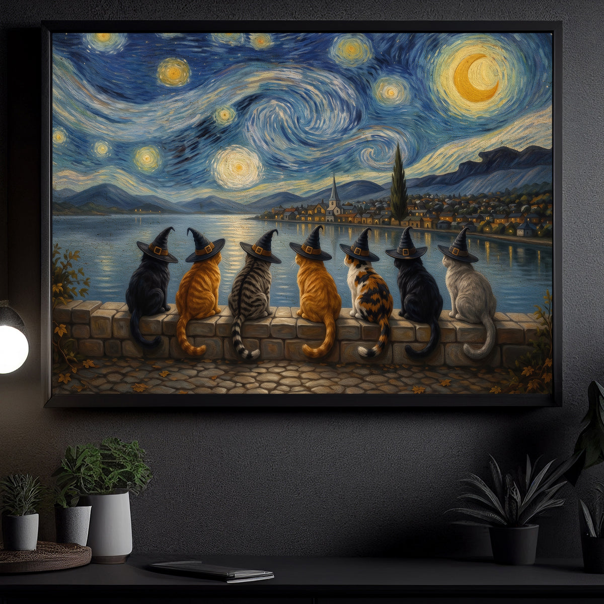 Halloween Impasto Oil Witch Cat Canvas Painting, A Night Beneath The Stars Wall Art Decor, Spooky Season Poster Gift For Cat Lover
